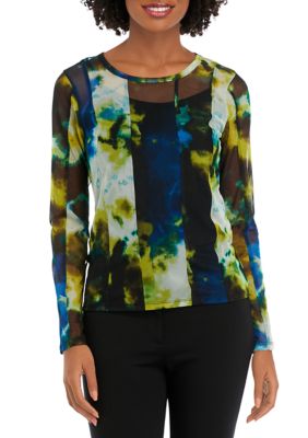 DKNY Women's Long Sleeve Cloud Print Seam Mesh Top