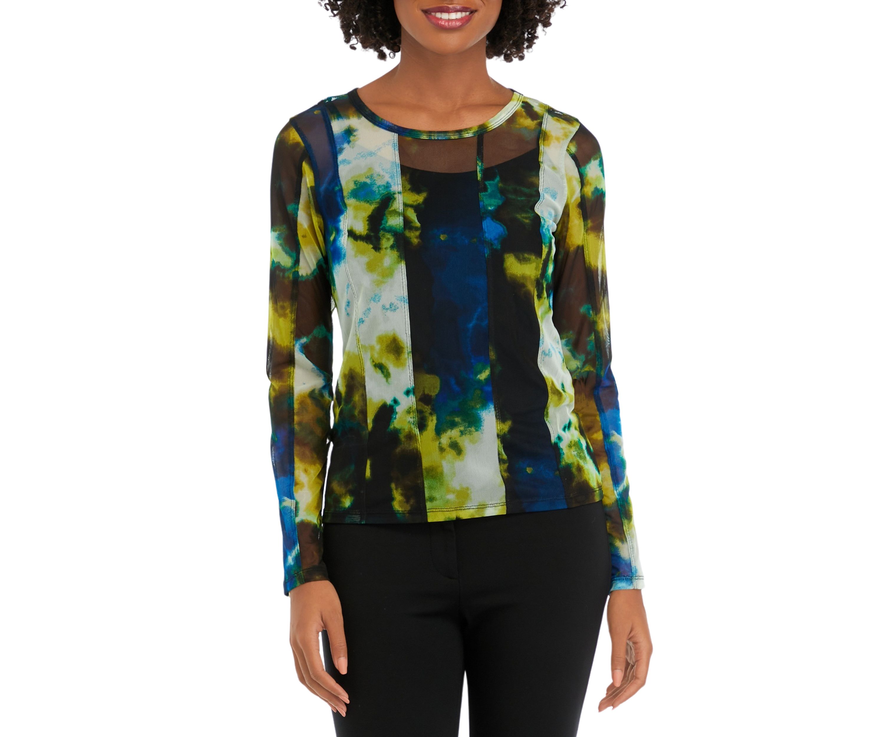 Womens Long Sleeve Cloud Print Seam Mesh Top