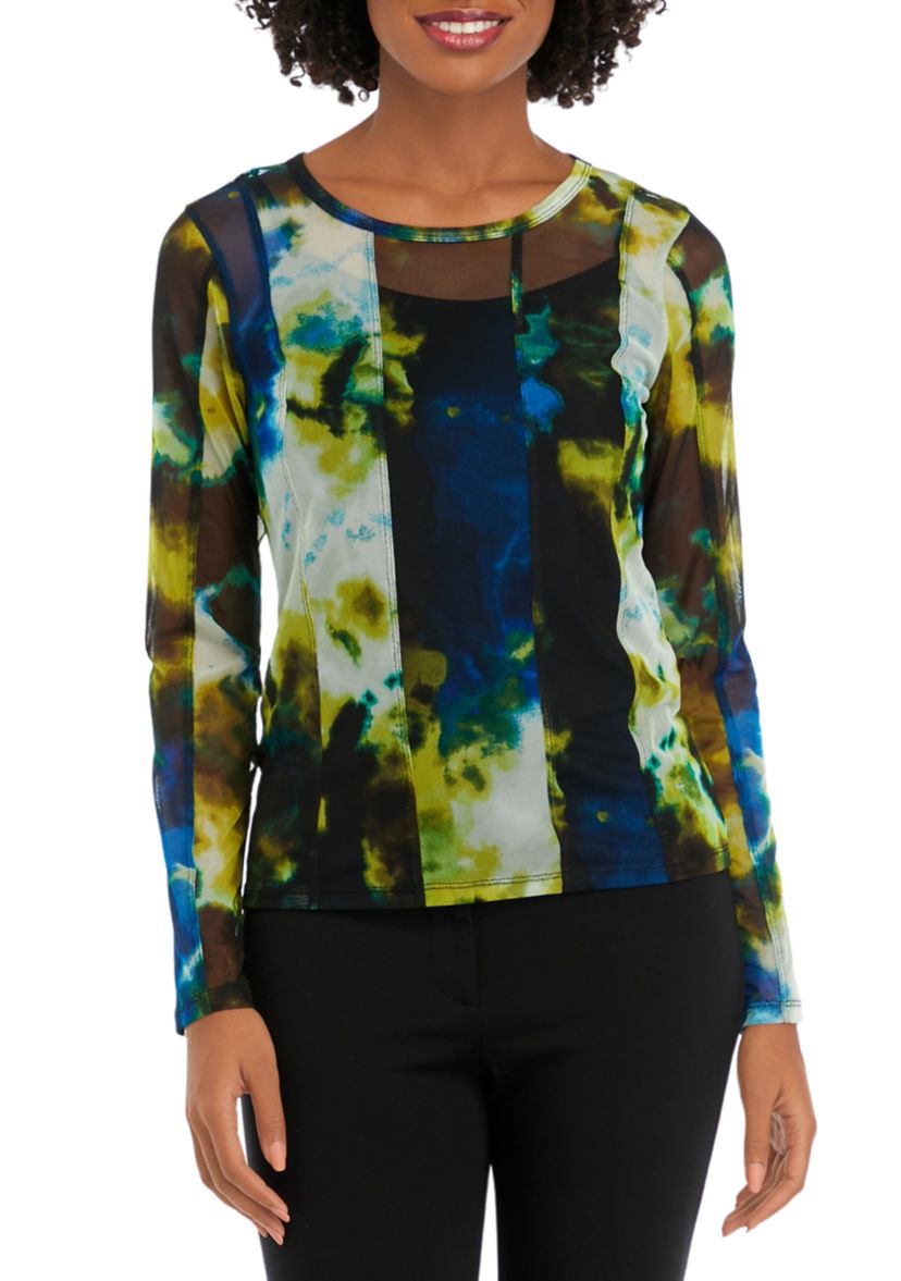Womens Long Sleeve Cloud Print Seam Mesh Top