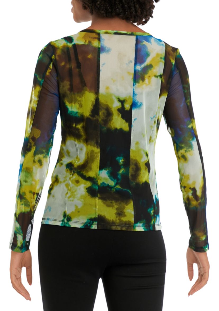 Womens Long Sleeve Cloud Print Seam Mesh Top
