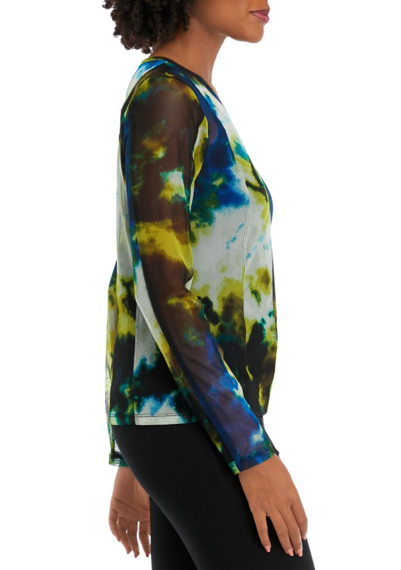 Womens Long Sleeve Cloud Print Seam Mesh Top