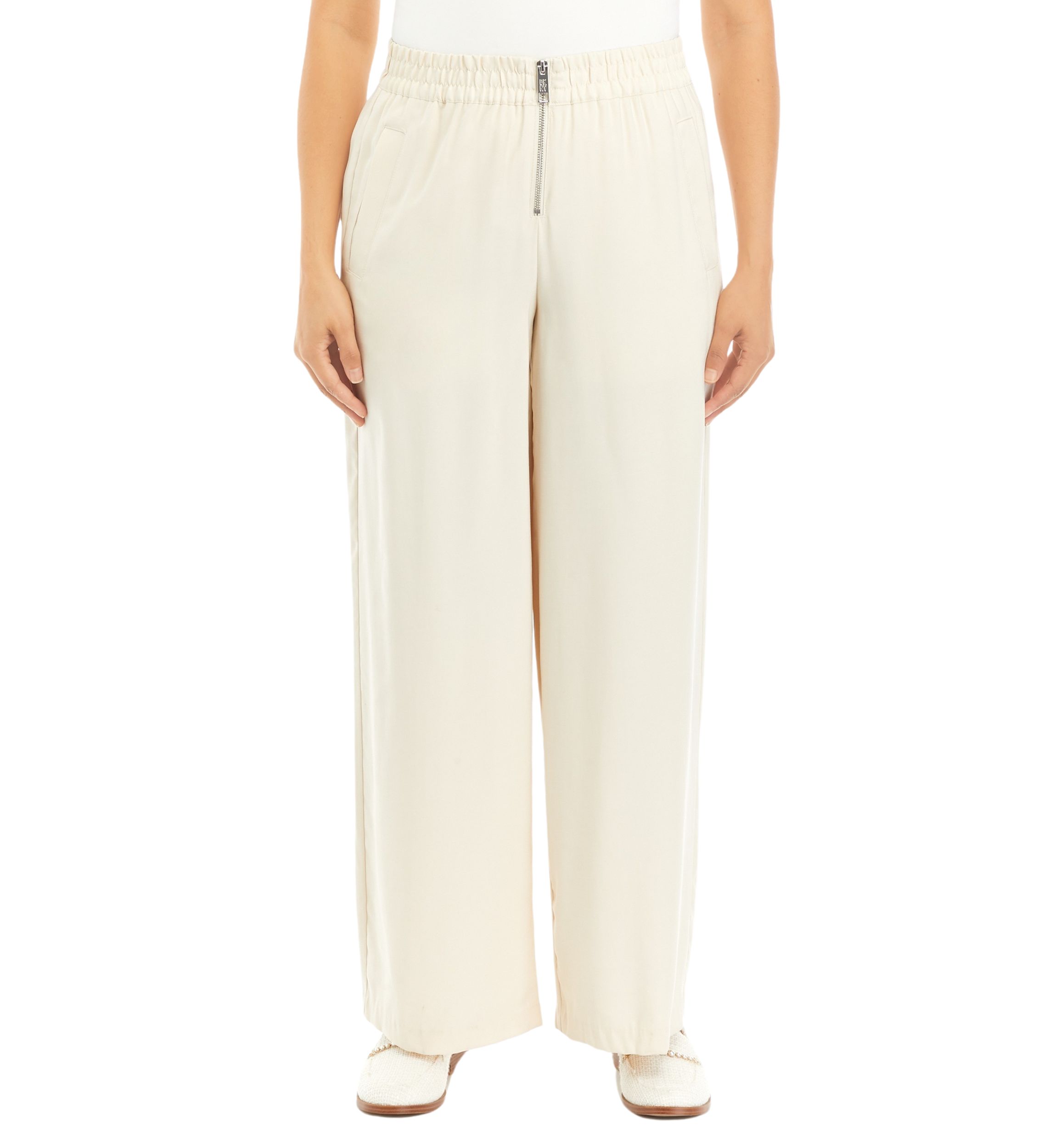 Womens Zip Front Wide Leg Soft Twill Pants