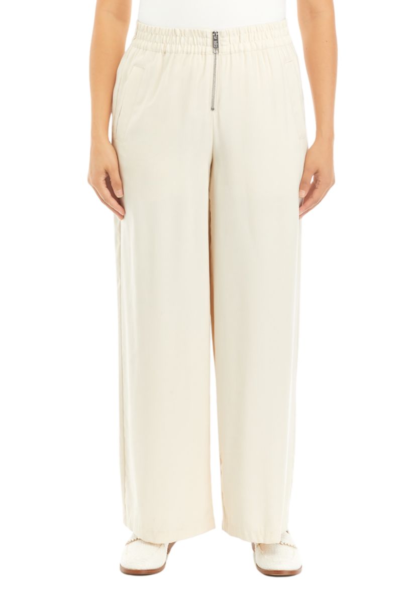 Womens Zip Front Wide Leg Soft Twill Pants