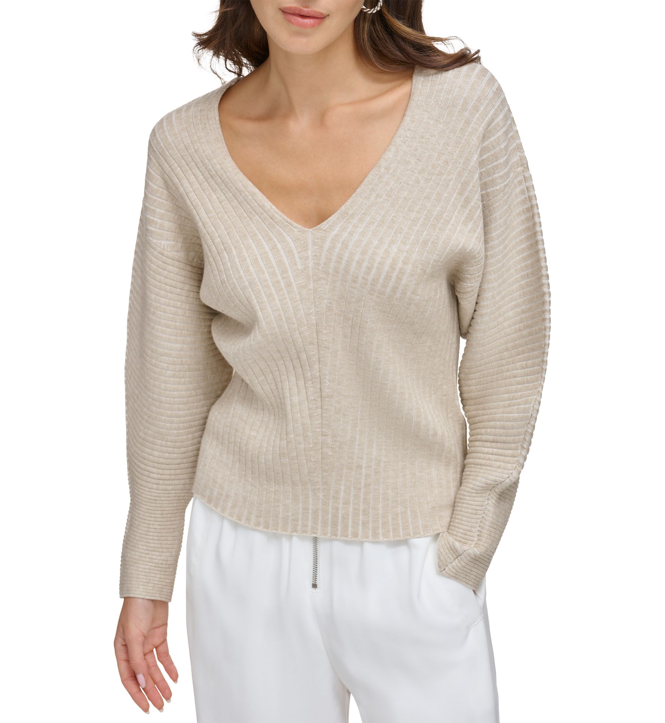 Womens Drop Shoulder V-Neck Plaited Sweater 