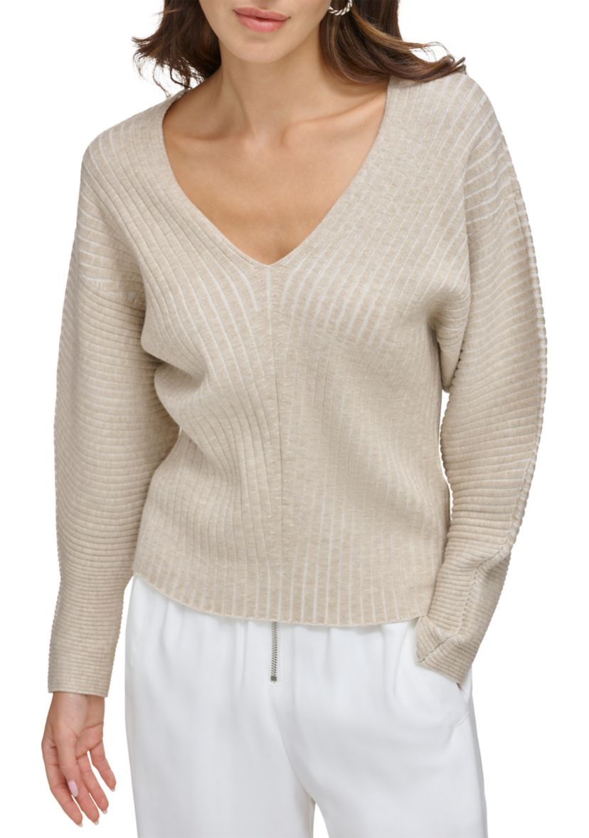 Womens Drop Shoulder V-Neck Plaited Sweater 