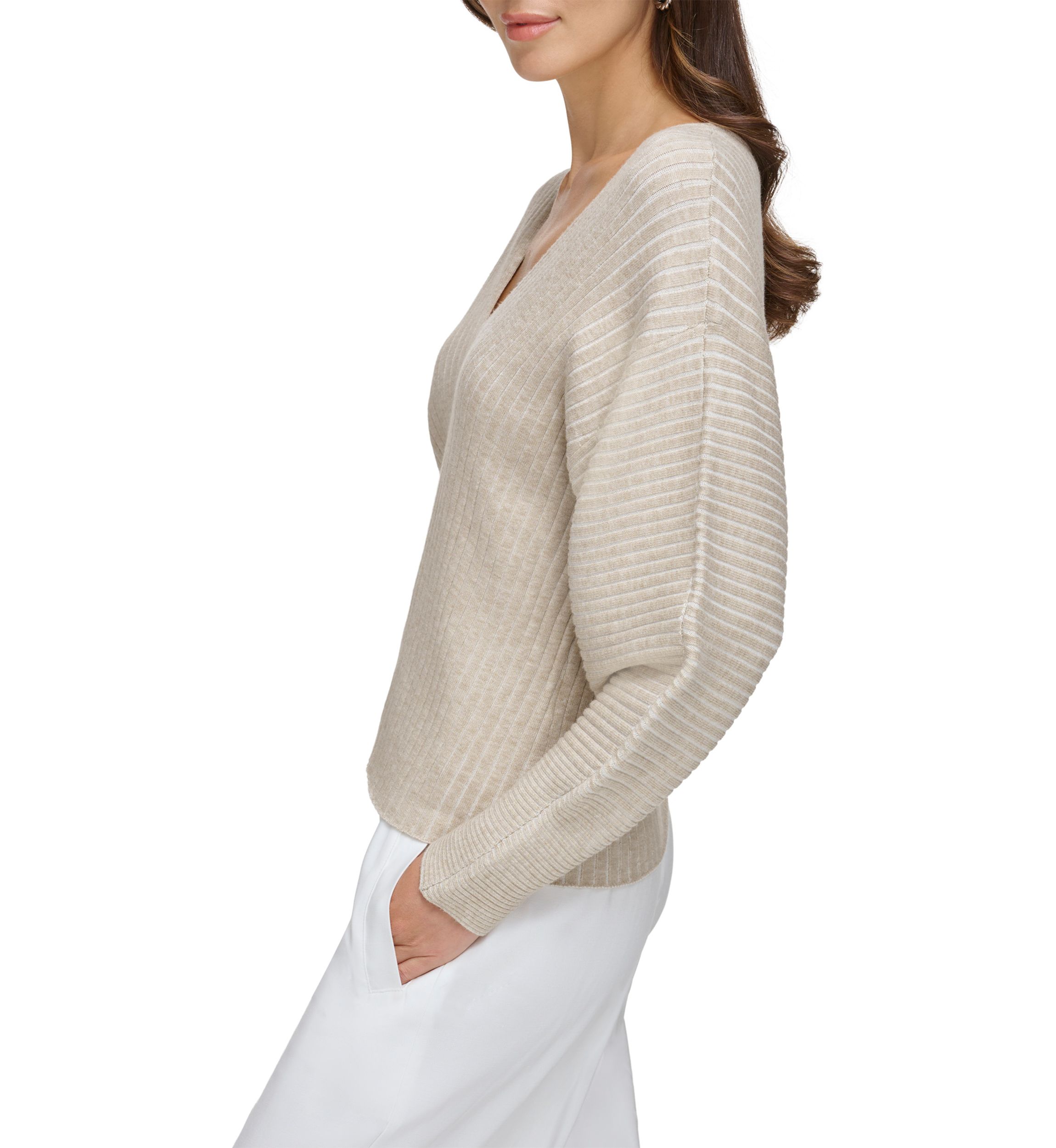 Womens Drop Shoulder V-Neck Plaited Sweater 