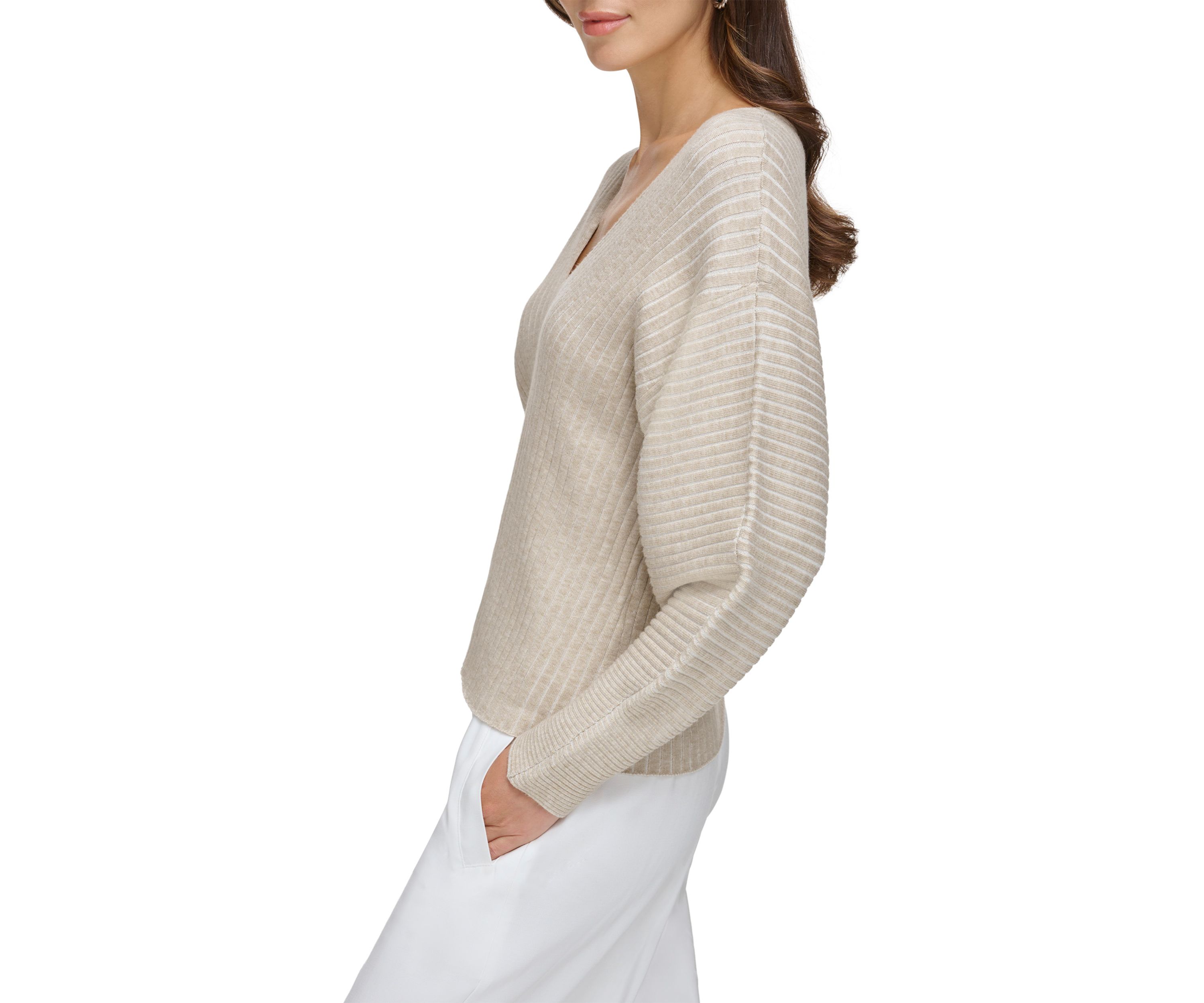 Womens Drop Shoulder V-Neck Plaited Sweater 
