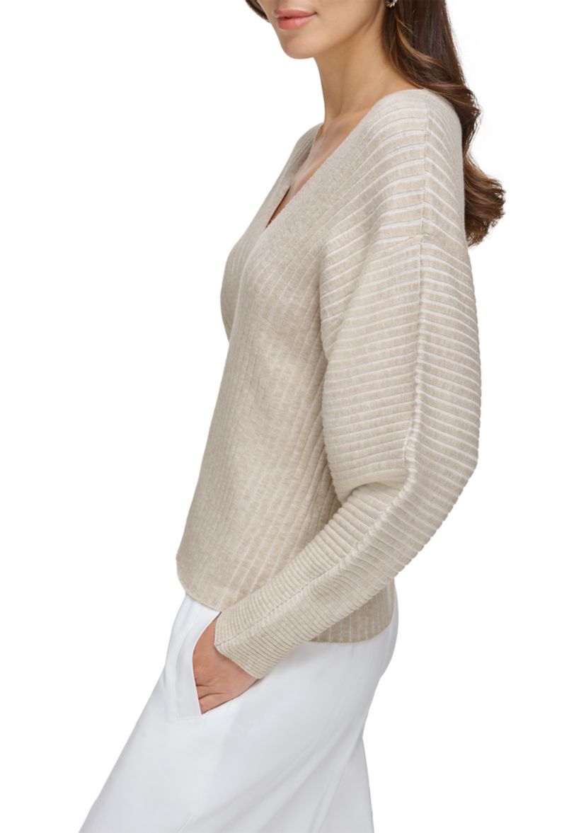 Womens Drop Shoulder V-Neck Plaited Sweater 
