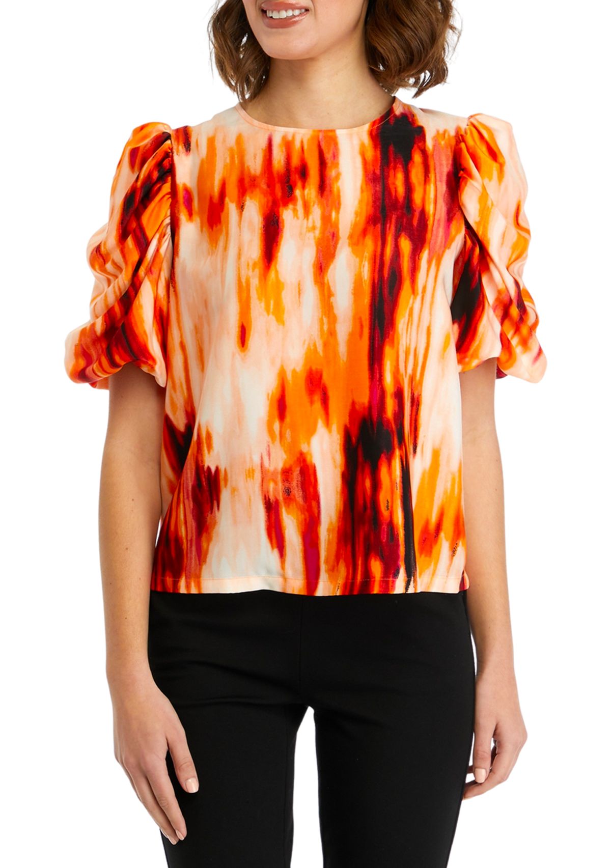 Womens Short Ruched Sleeves Smudge Print Blouse