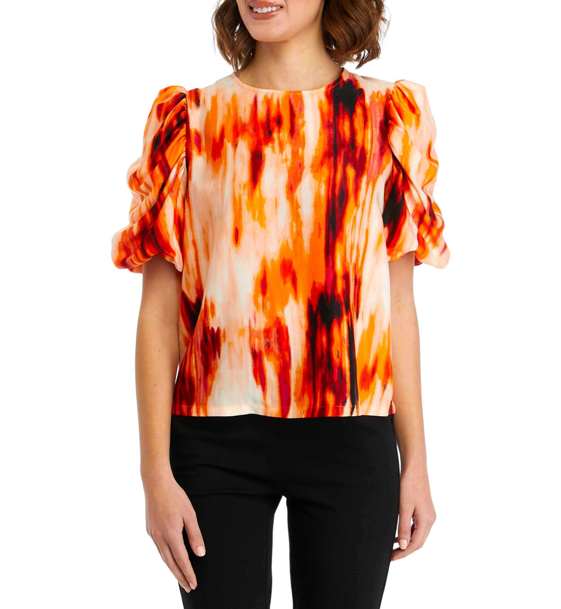 Womens Short Ruched Sleeves Smudge Print Blouse