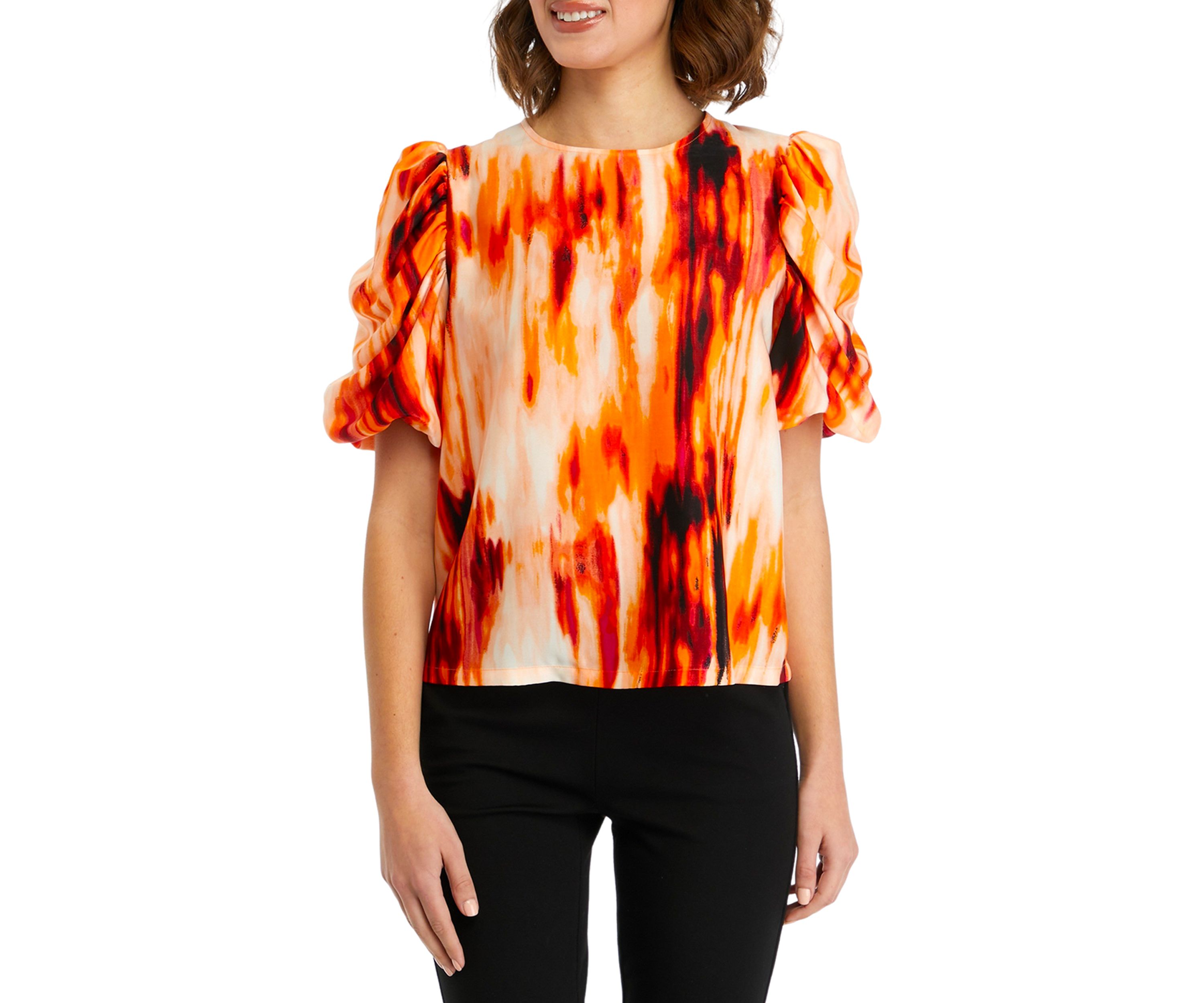 Womens Short Ruched Sleeves Smudge Print Blouse