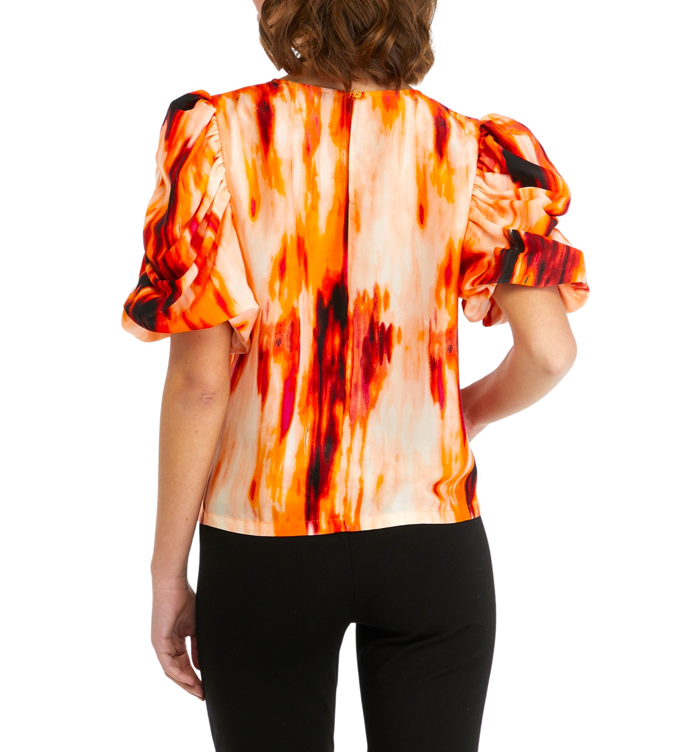 Womens Short Ruched Sleeves Smudge Print Blouse