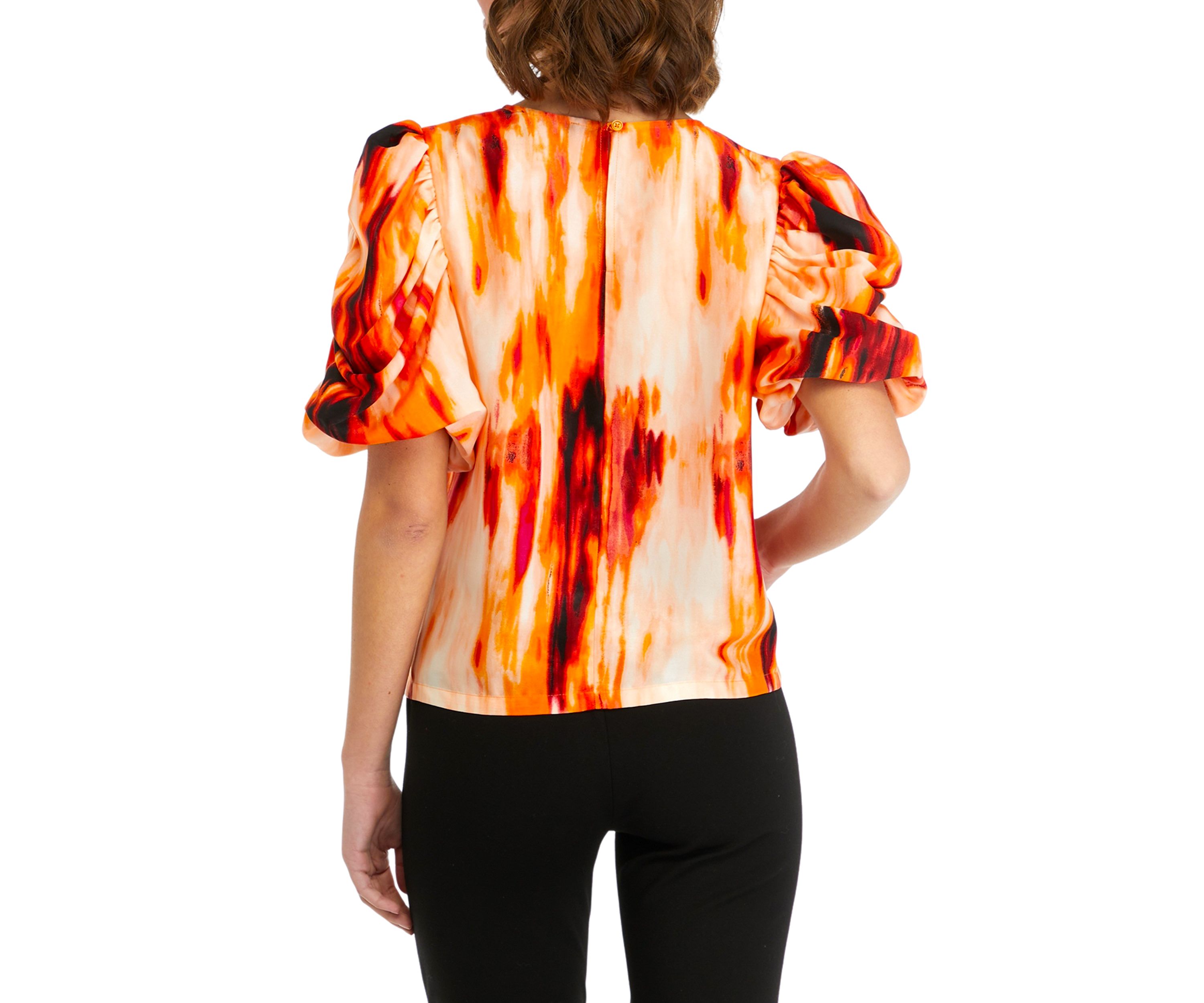 Womens Short Ruched Sleeves Smudge Print Blouse