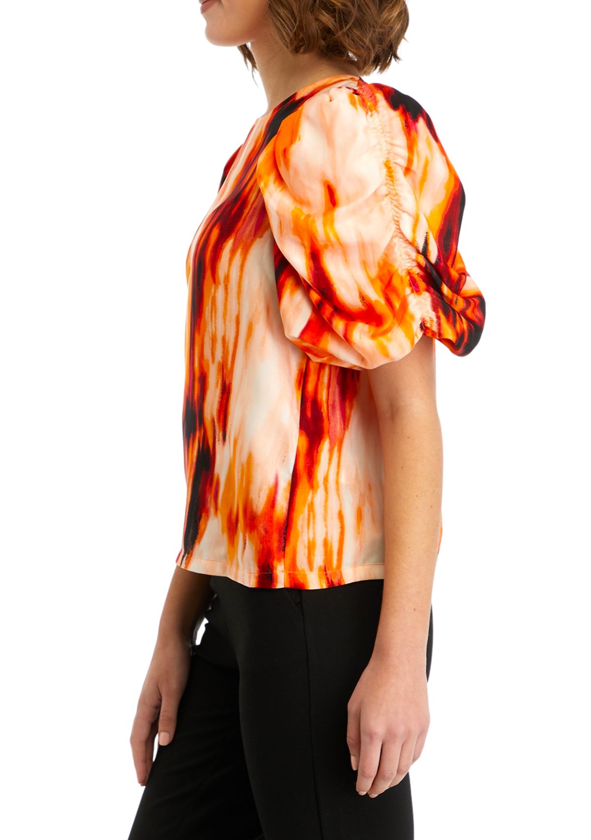 Womens Short Ruched Sleeves Smudge Print Blouse