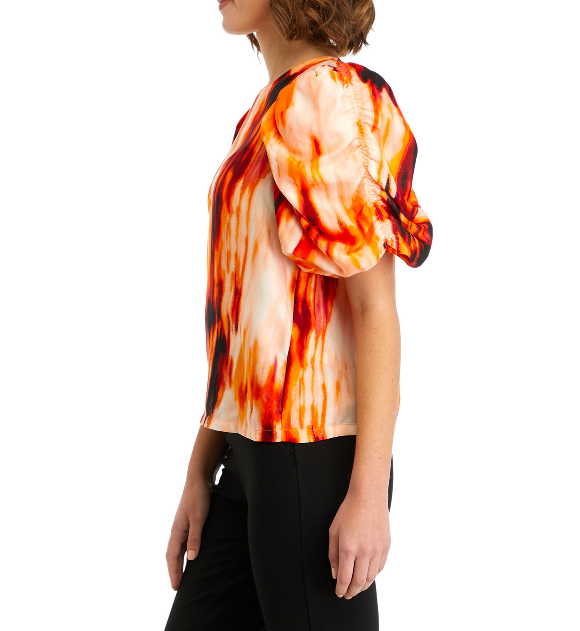 Womens Short Ruched Sleeves Smudge Print Blouse