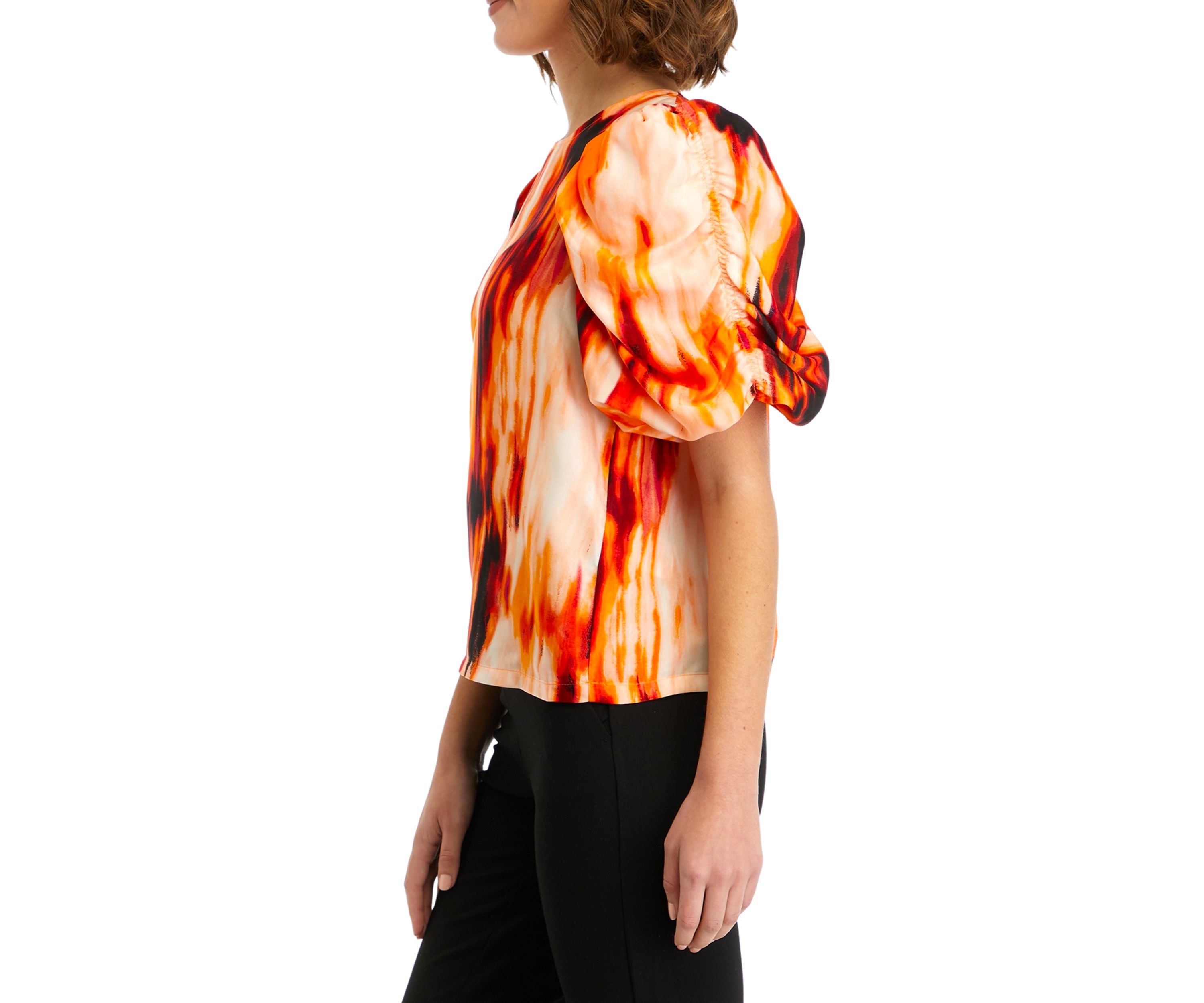 Womens Short Ruched Sleeves Smudge Print Blouse