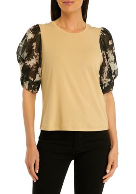 DKNY Women's Woven Printed Puff Sleeve Top, XS