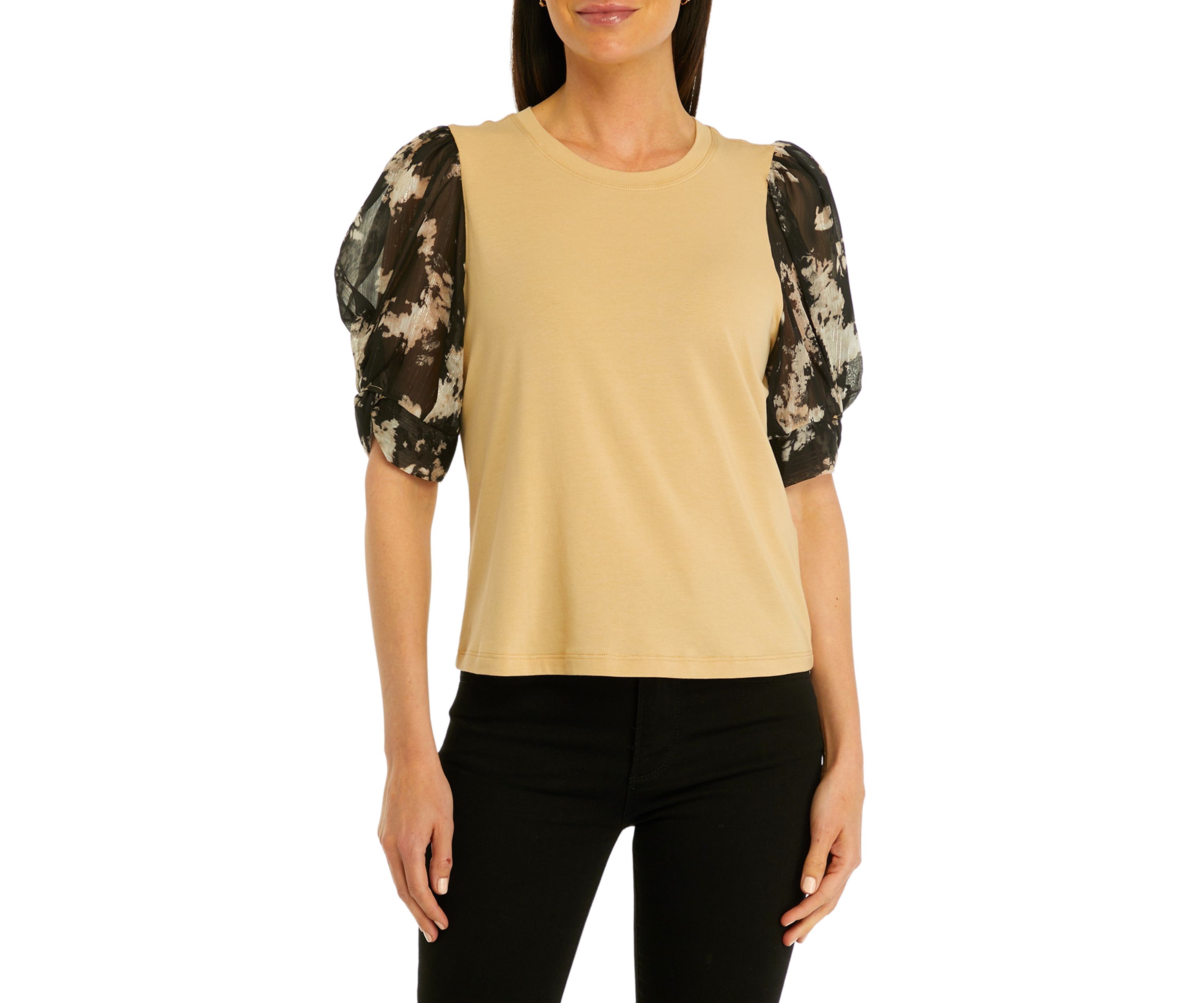 Womens Woven Printed Puff Sleeve Top