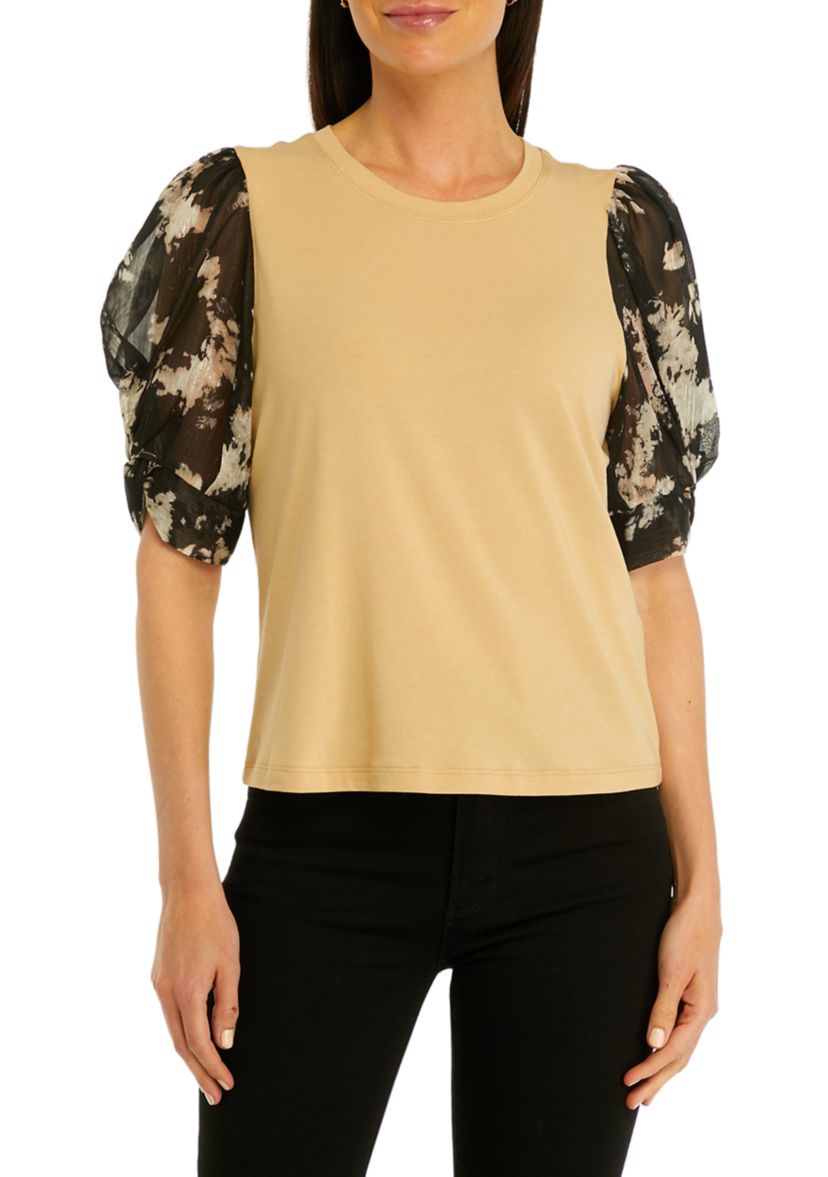 Womens Woven Printed Puff Sleeve Top
