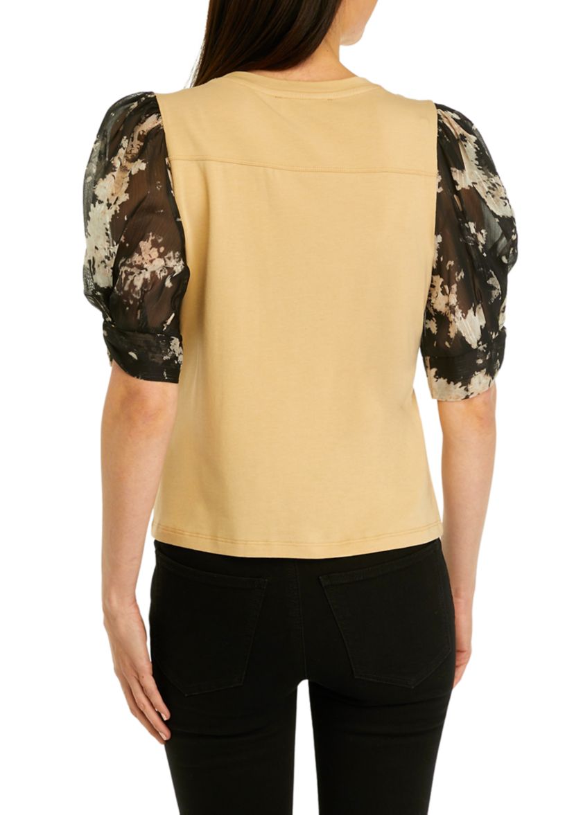 Womens Woven Printed Puff Sleeve Top