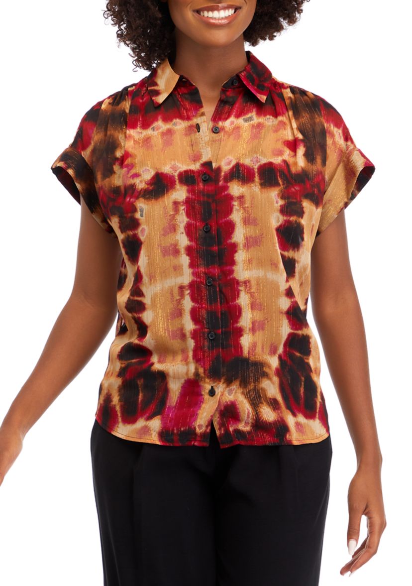 Womens Short Sleeve Tie Dye Camp Shirt
