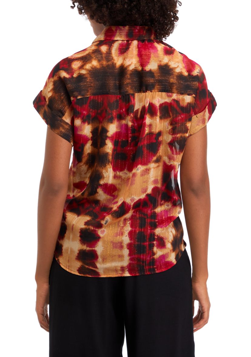 Womens Short Sleeve Tie Dye Camp Shirt