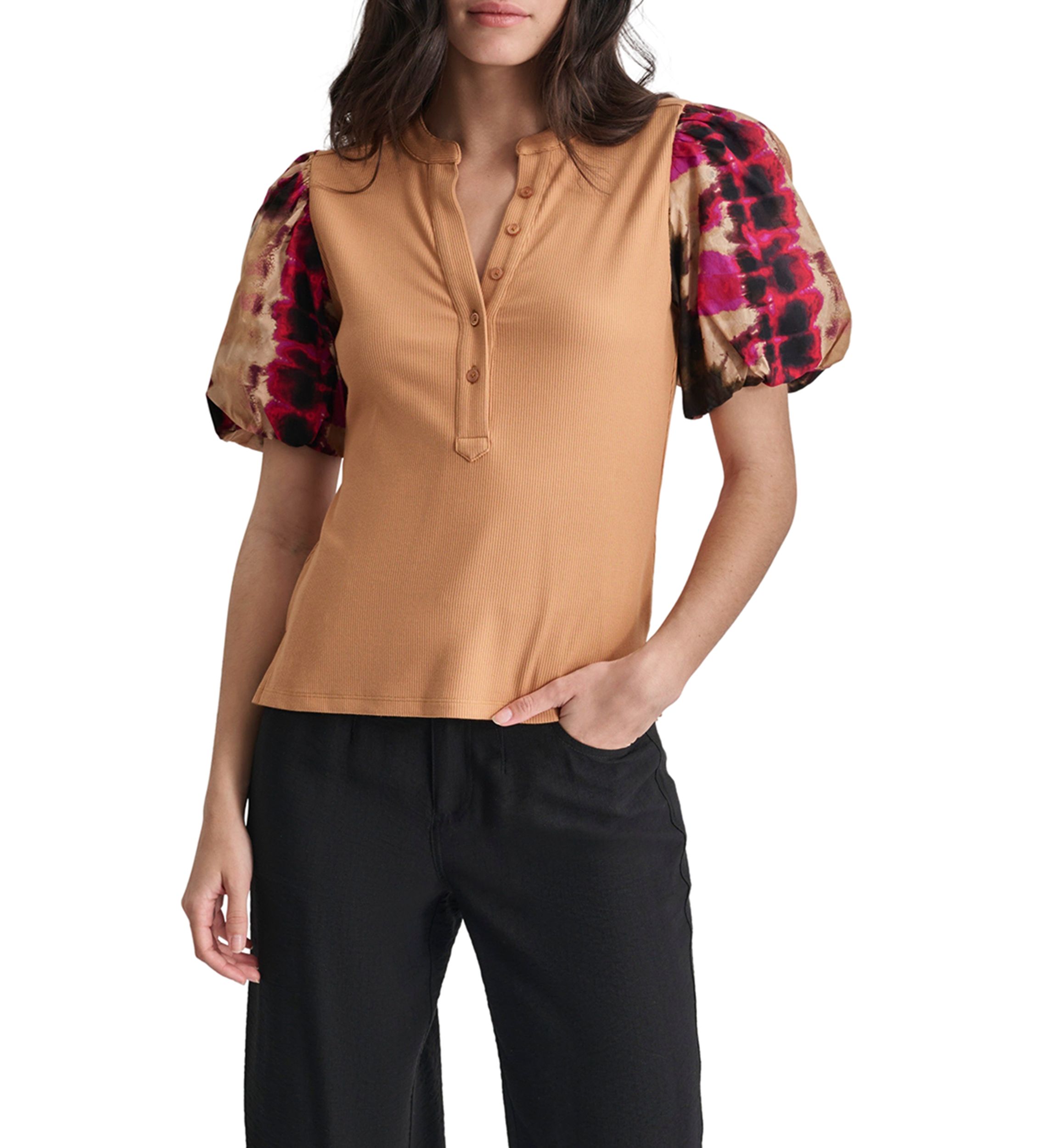 Womens Printed Short Sleeve Mix Media Henley Top