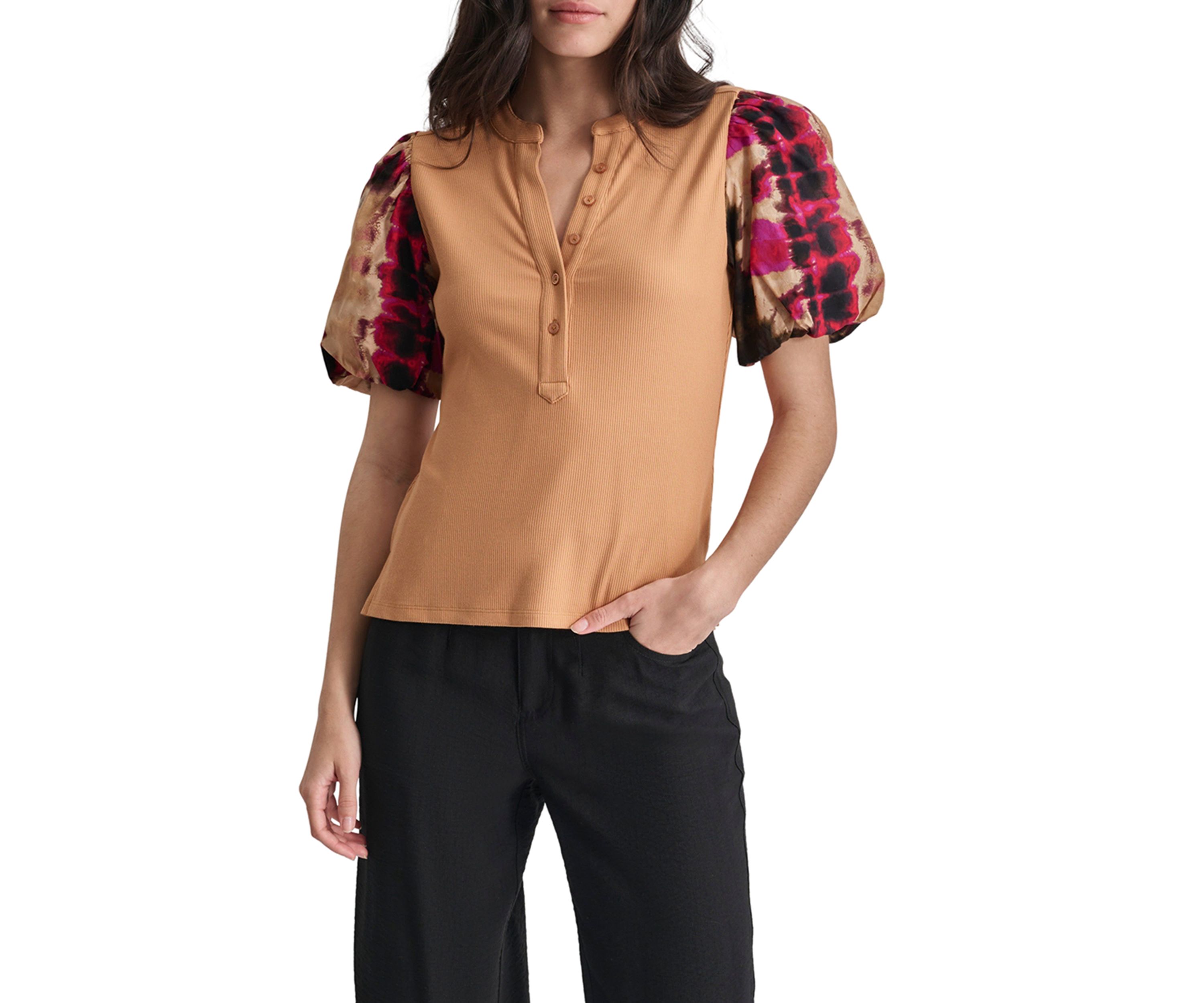 Womens Printed Short Sleeve Mix Media Henley Top