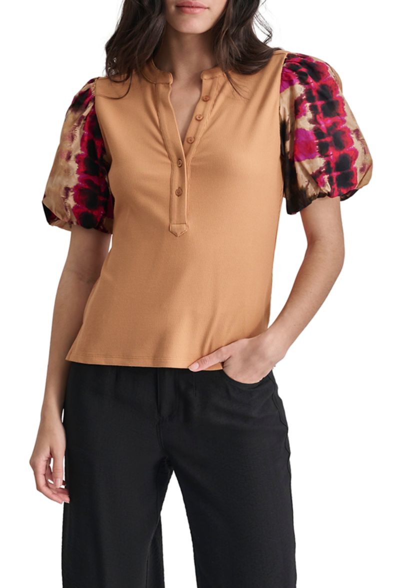 Womens Printed Short Sleeve Mix Media Henley Top