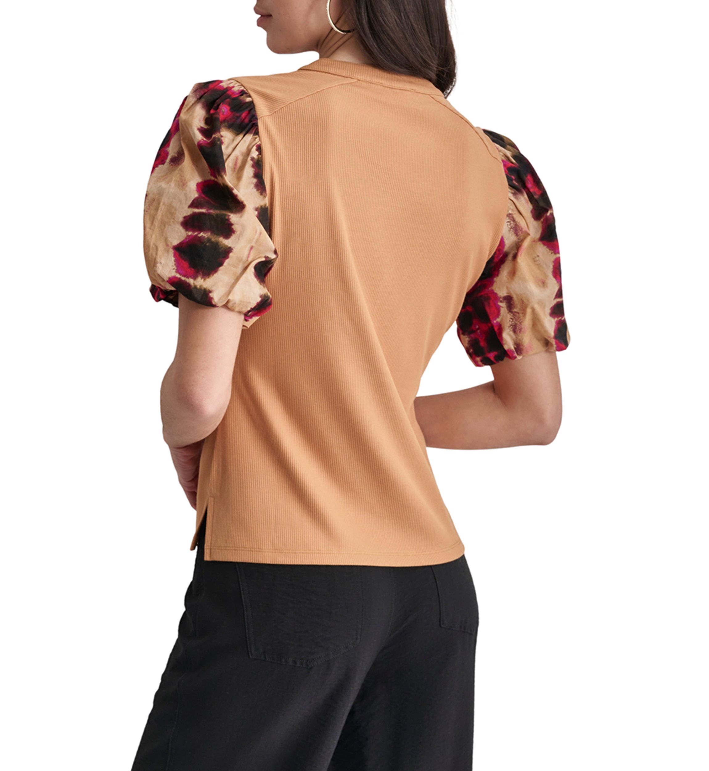 Womens Printed Short Sleeve Mix Media Henley Top