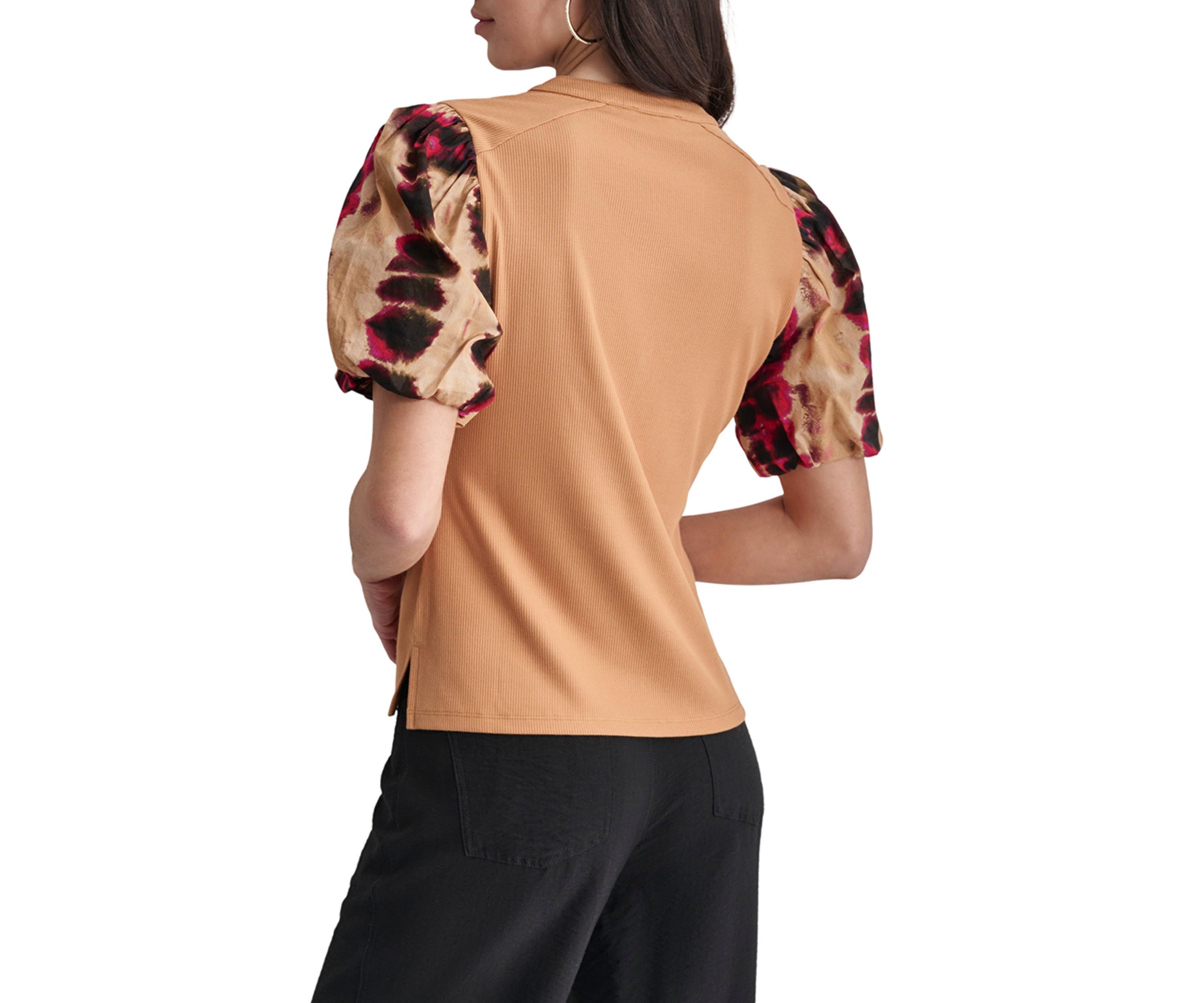 Womens Printed Short Sleeve Mix Media Henley Top