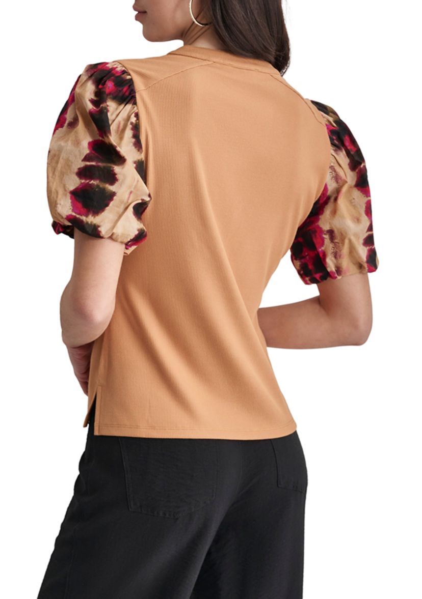 Womens Printed Short Sleeve Mix Media Henley Top