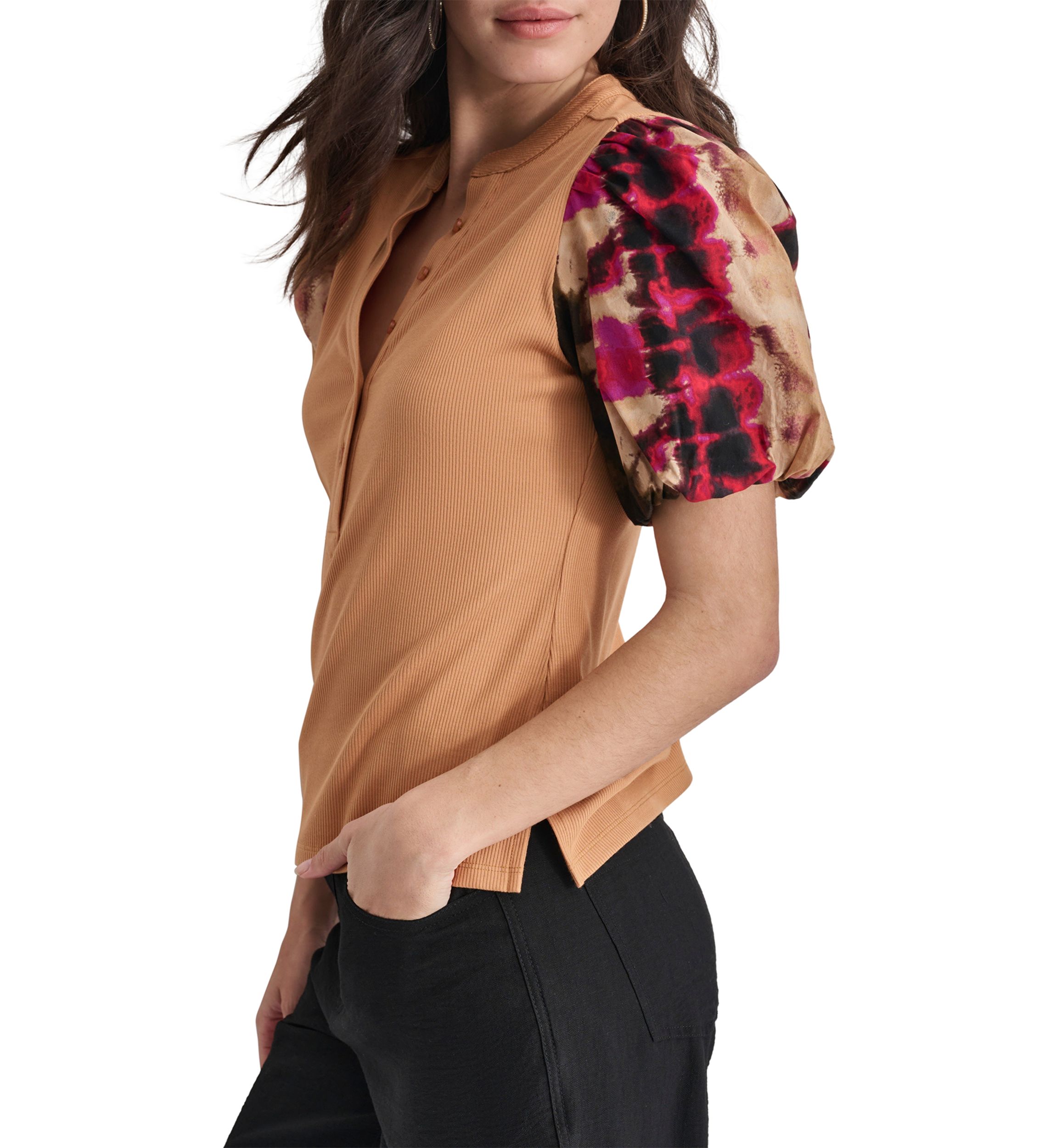 Womens Printed Short Sleeve Mix Media Henley Top