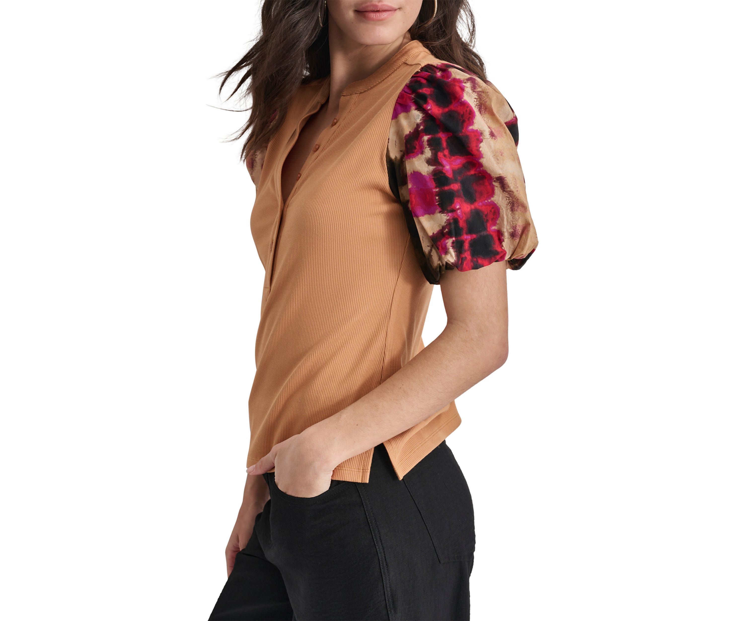 Womens Printed Short Sleeve Mix Media Henley Top
