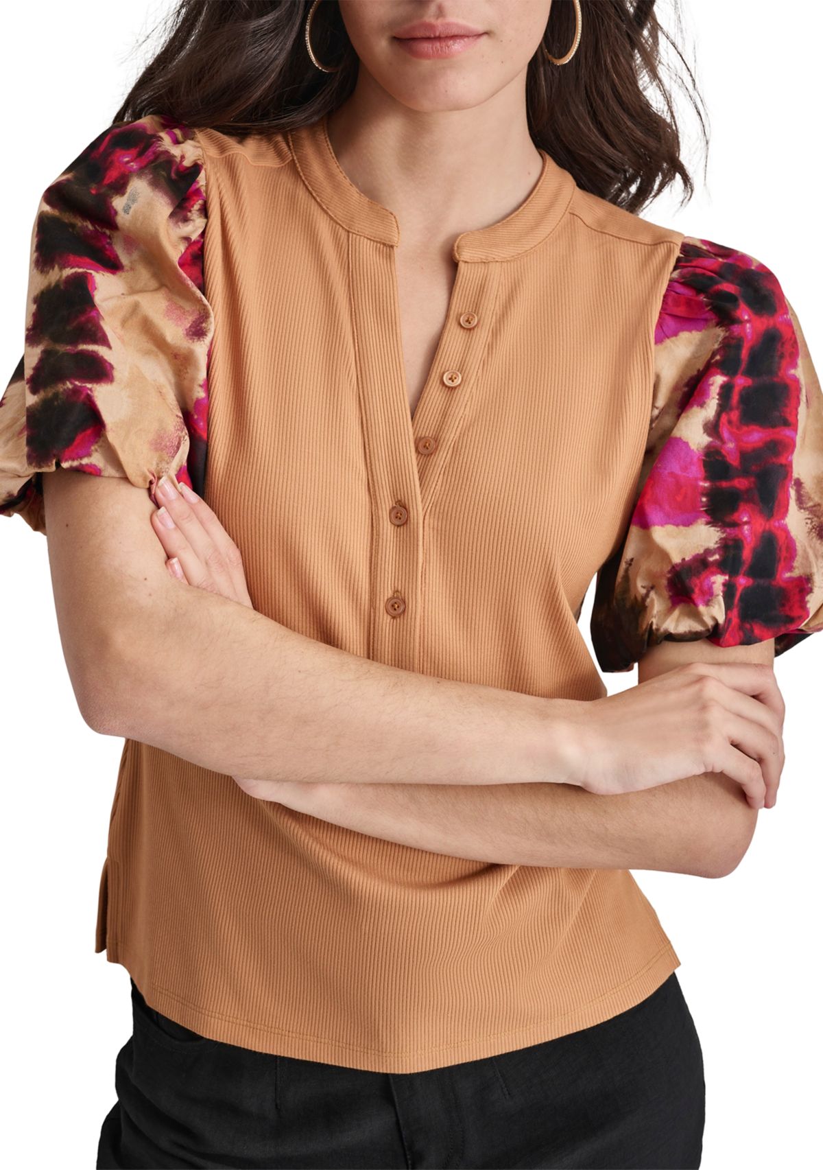 Womens Printed Short Sleeve Mix Media Henley Top