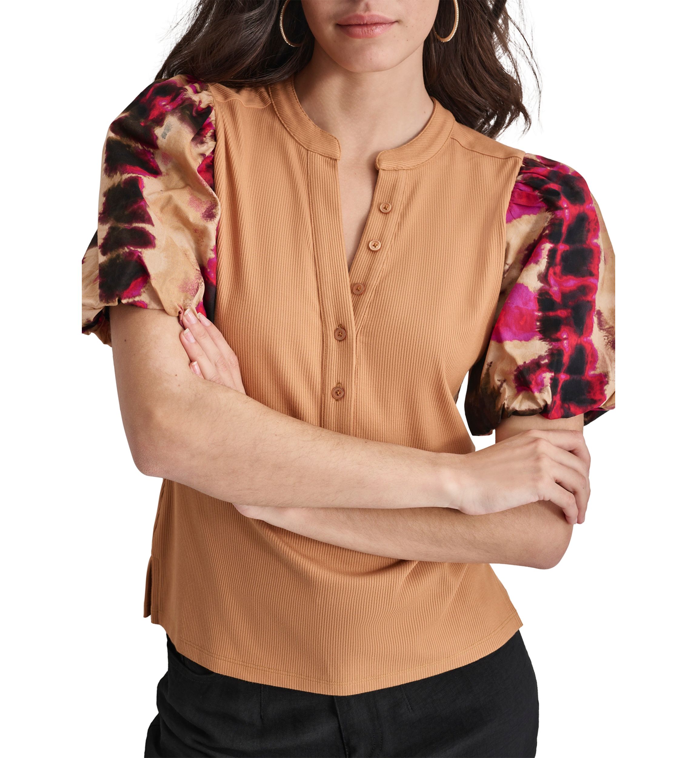 Womens Printed Short Sleeve Mix Media Henley Top