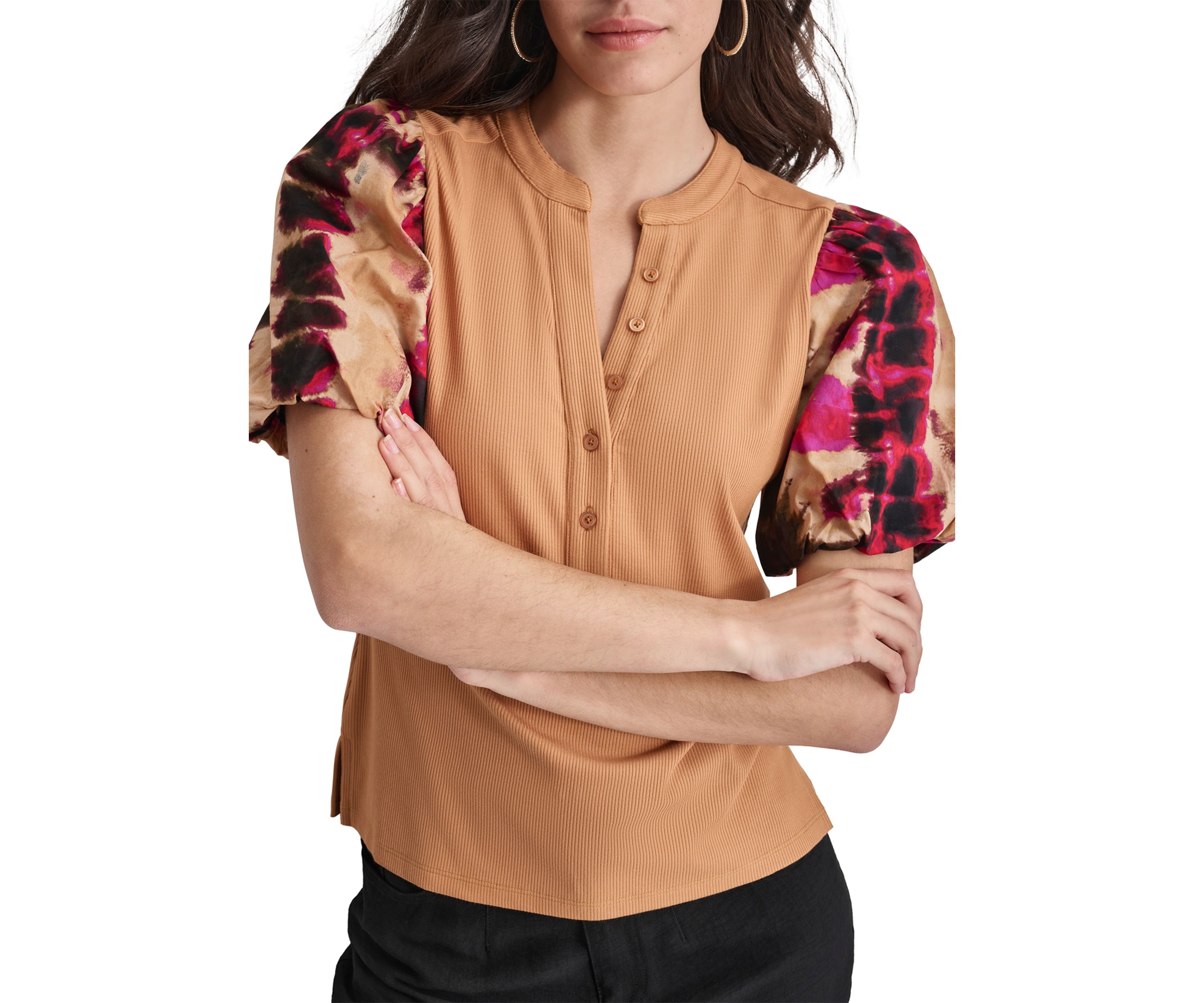 Womens Printed Short Sleeve Mix Media Henley Top