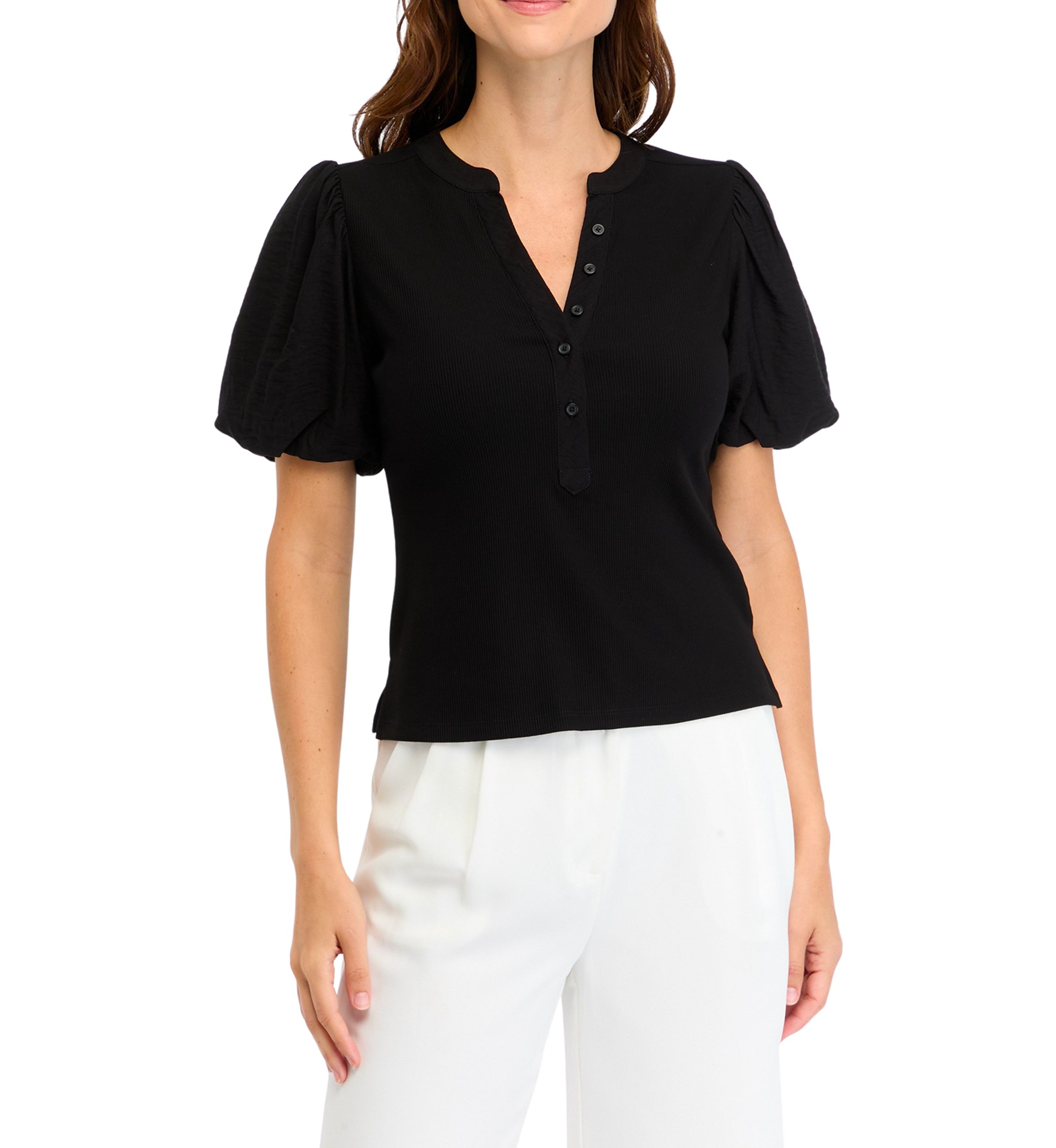 Womens Short Sleeve Mix Media Henley Top