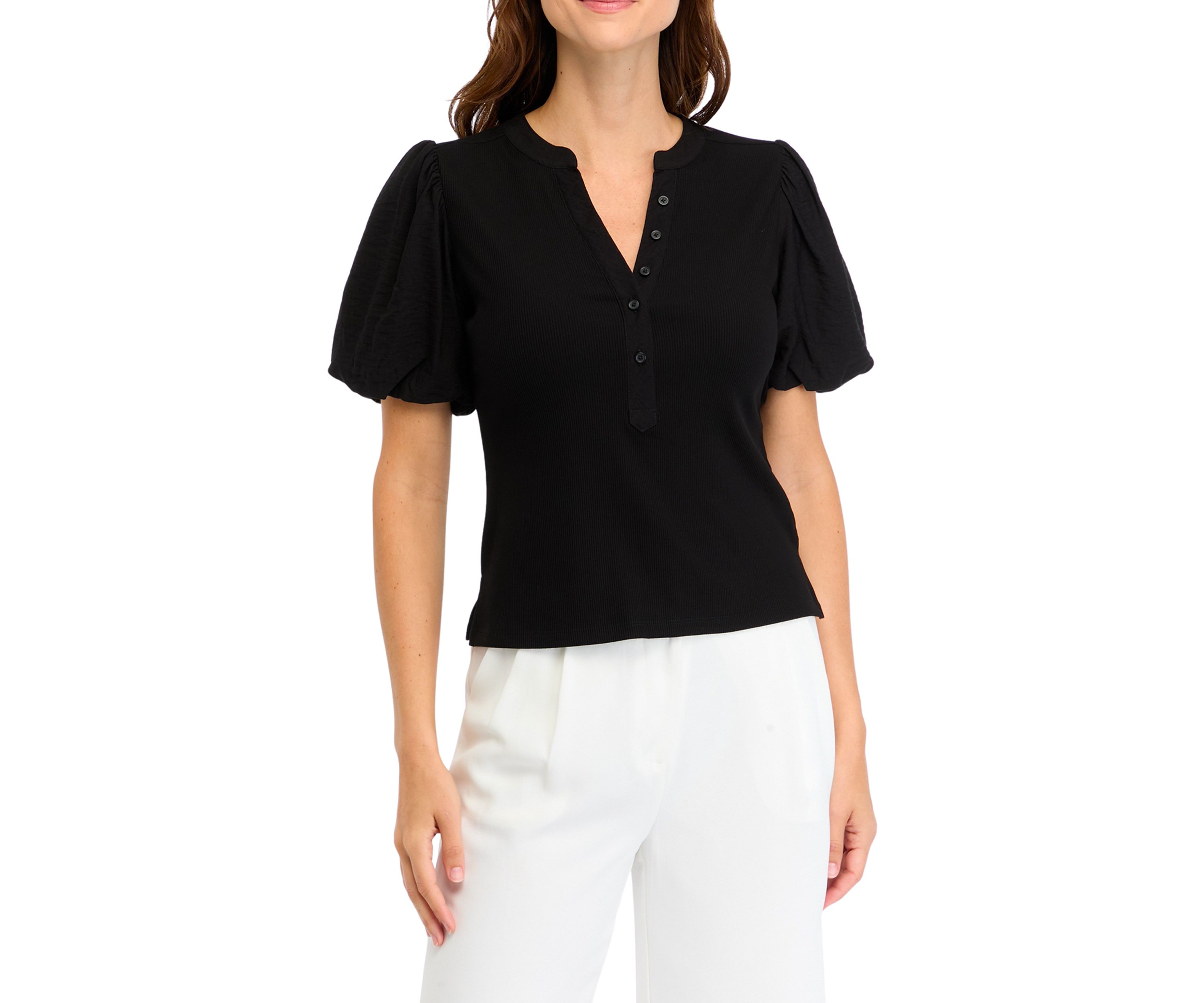 Womens Short Sleeve Mix Media Henley Top