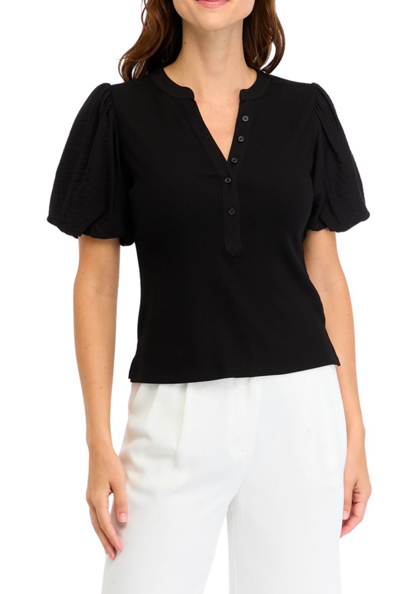 Womens Short Sleeve Mix Media Henley Top