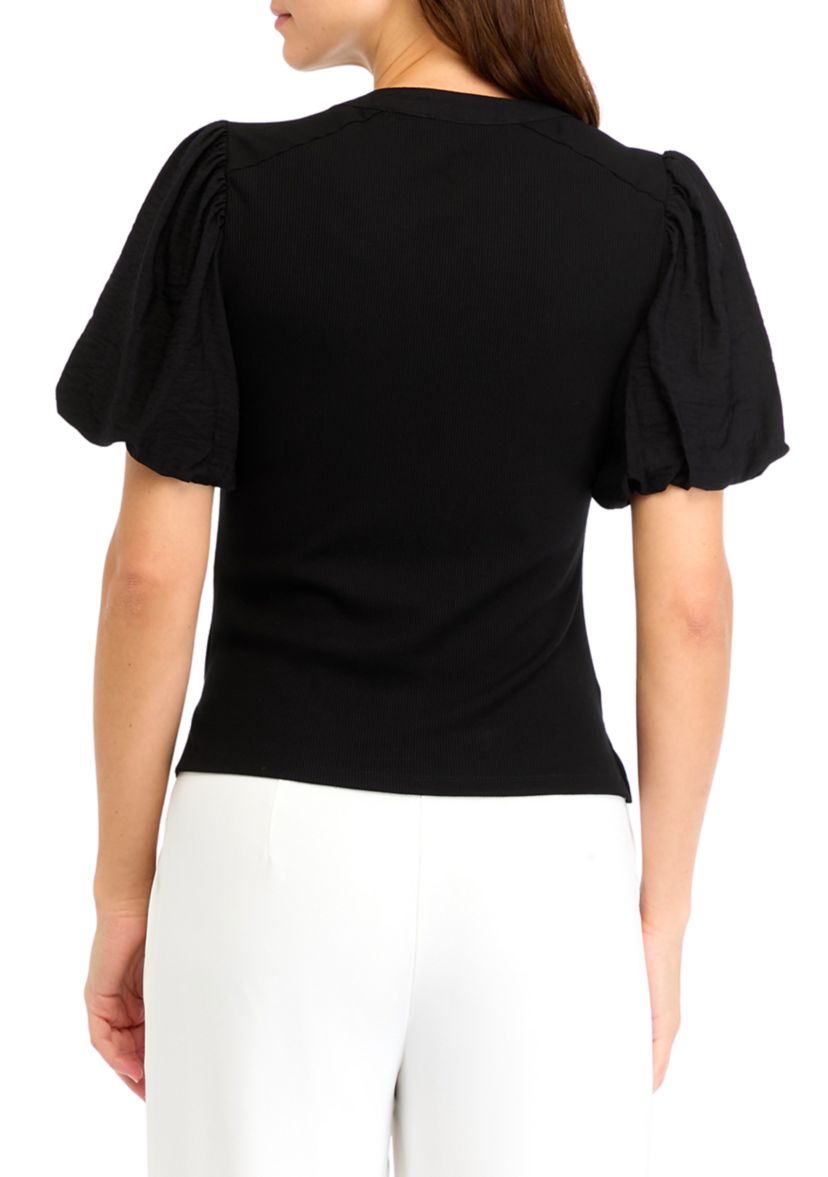 Womens Short Sleeve Mix Media Henley Top