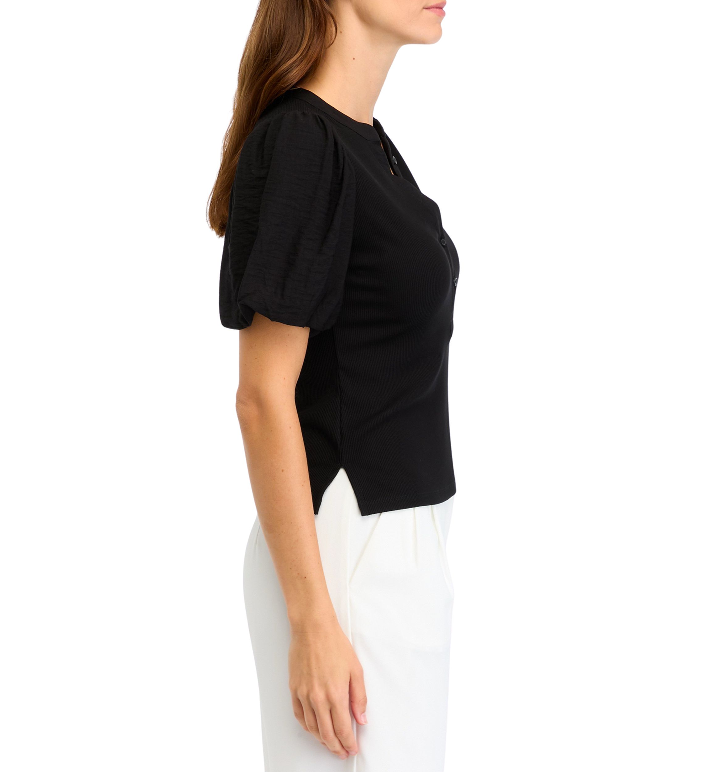 Womens Short Sleeve Mix Media Henley Top