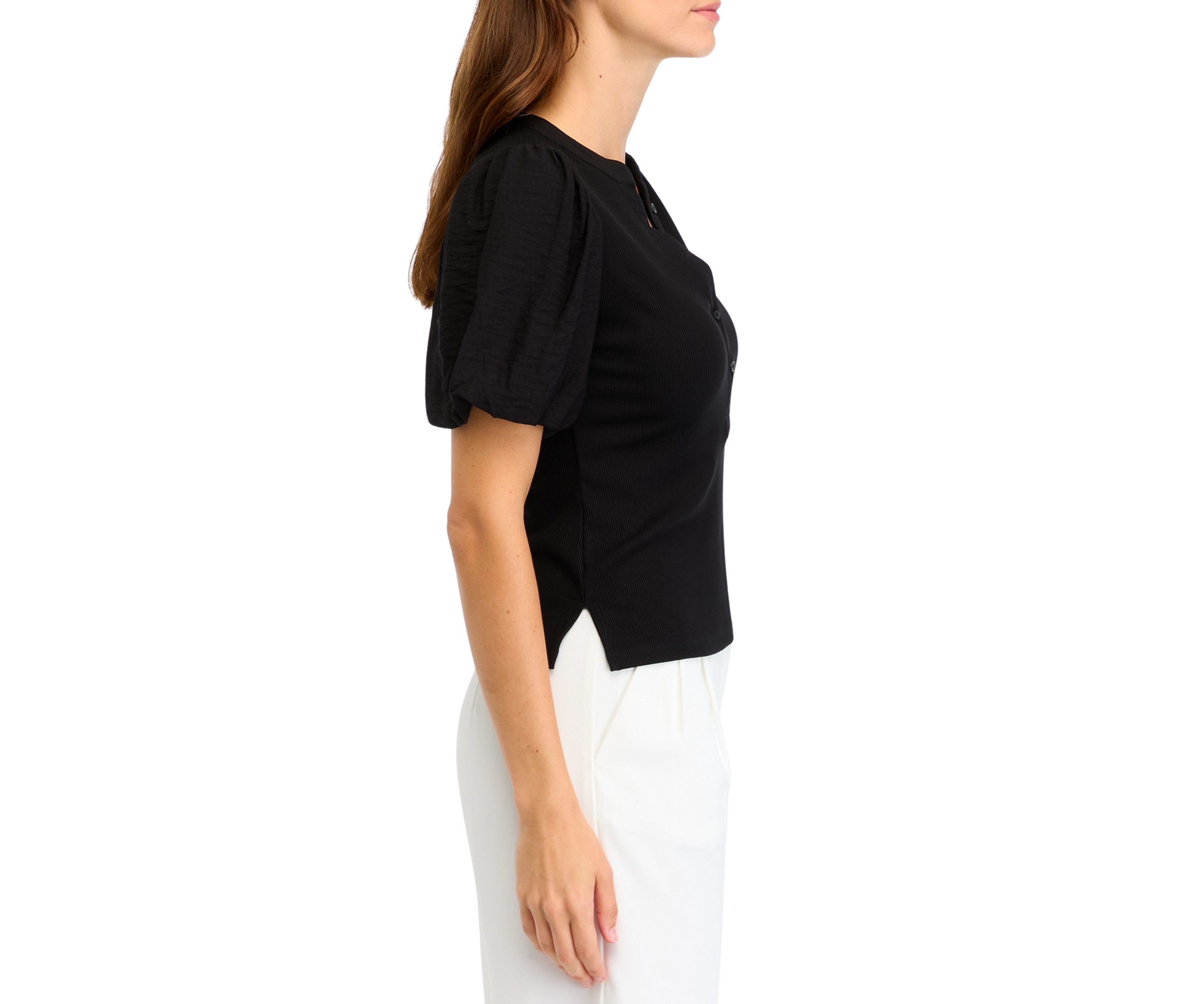 Womens Short Sleeve Mix Media Henley Top
