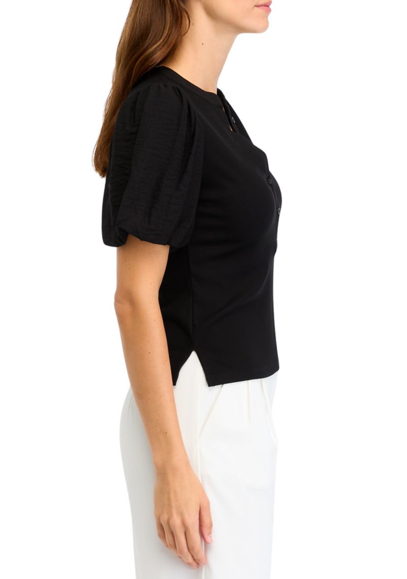 Womens Short Sleeve Mix Media Henley Top