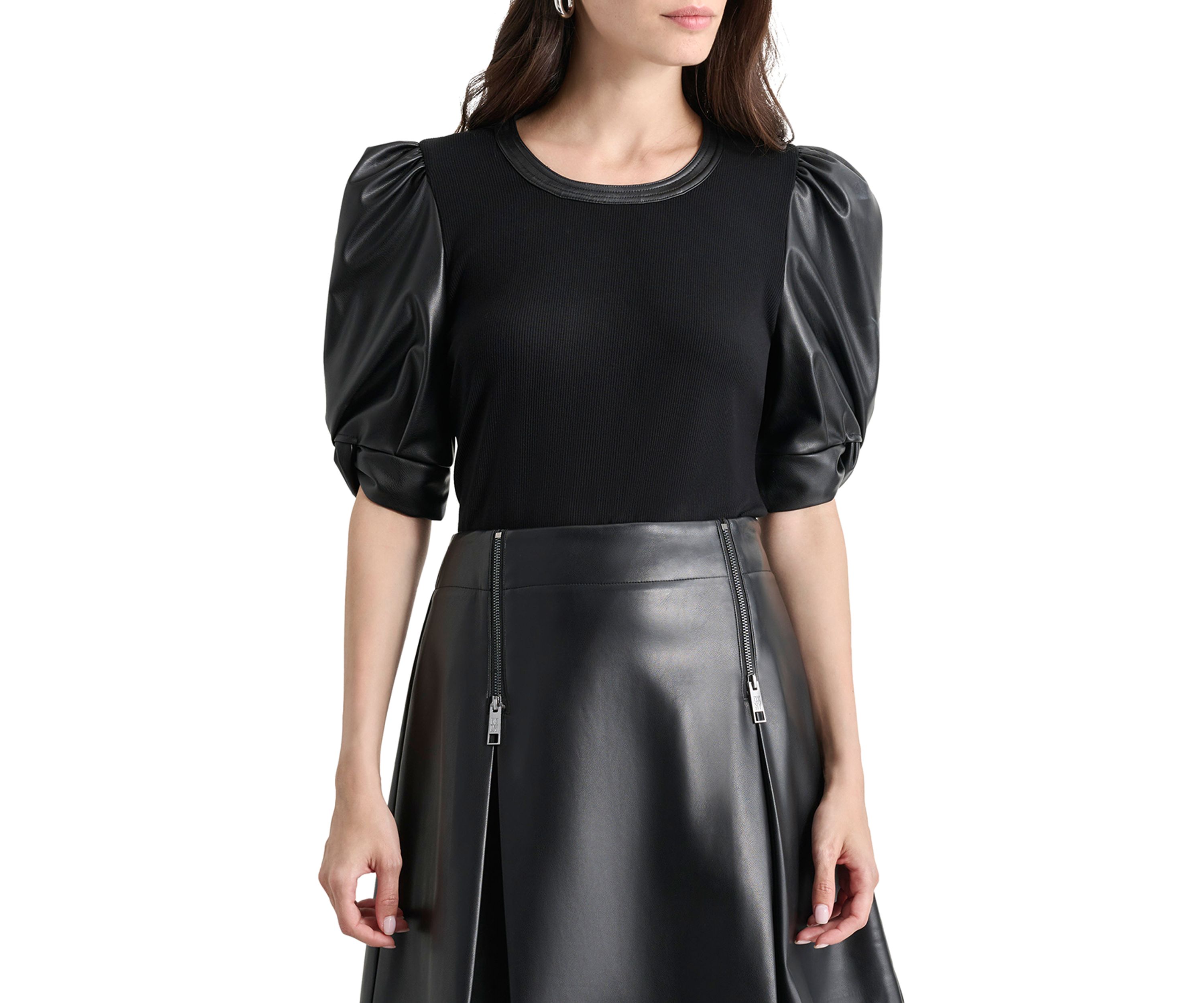 Womens Vegan Leather Sleeve Knit Top