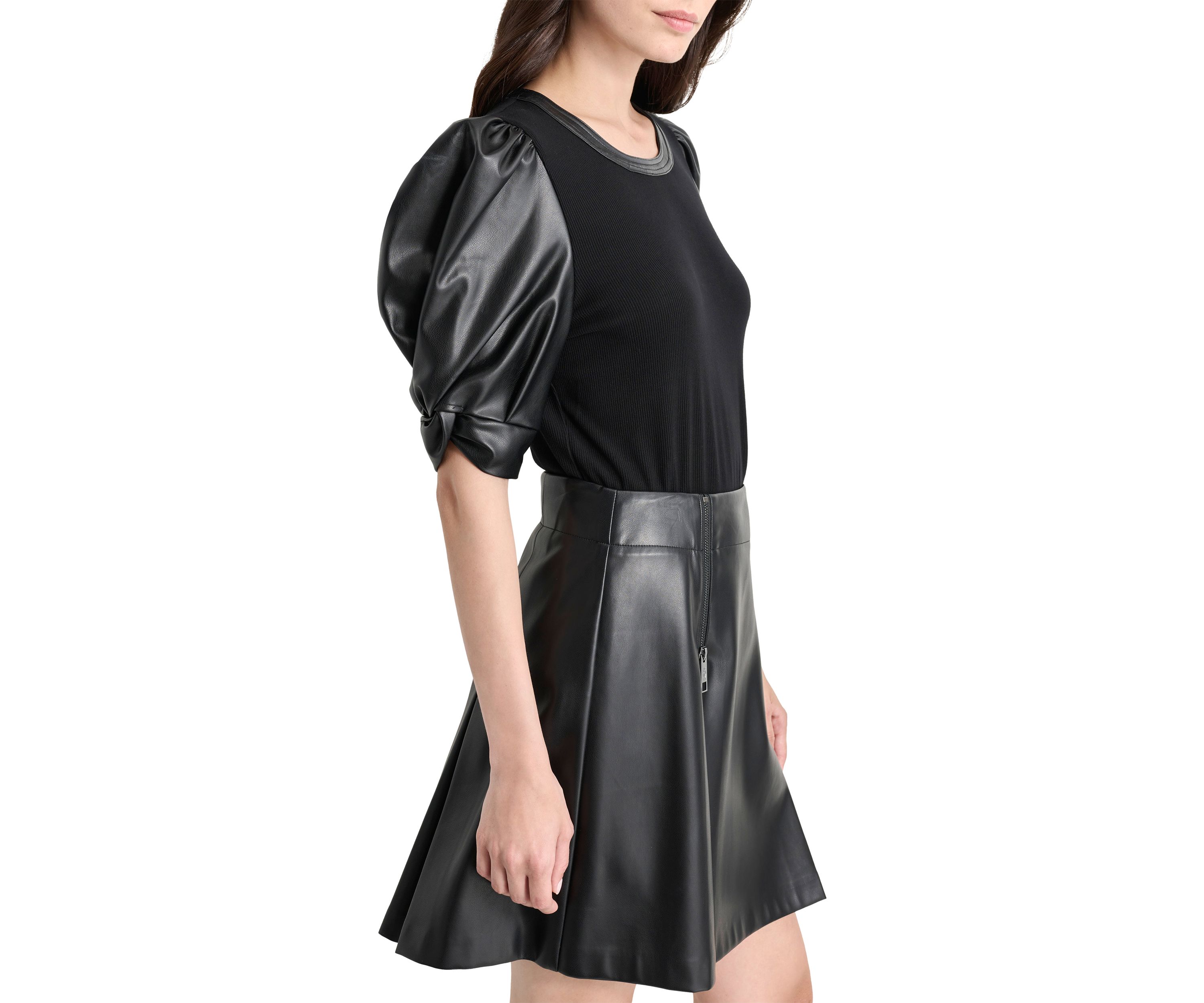 Womens Vegan Leather Sleeve Knit Top