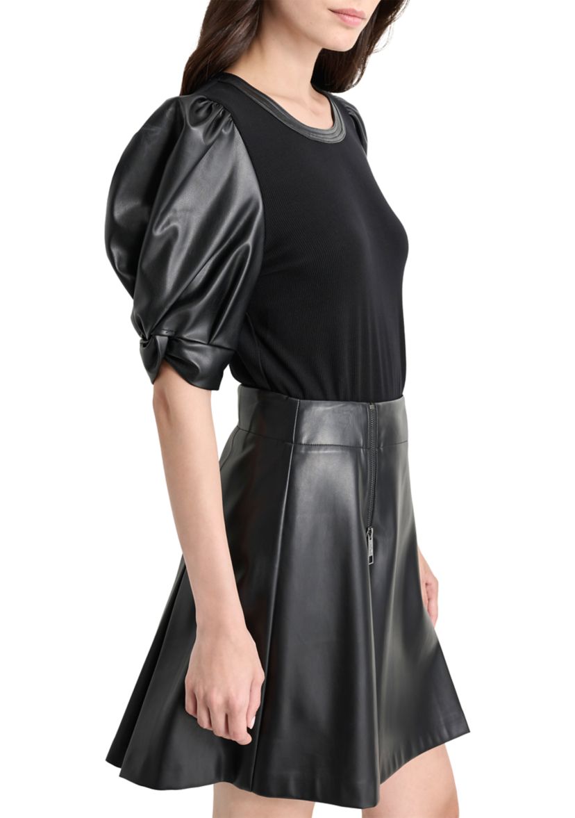 Womens Vegan Leather Sleeve Knit Top