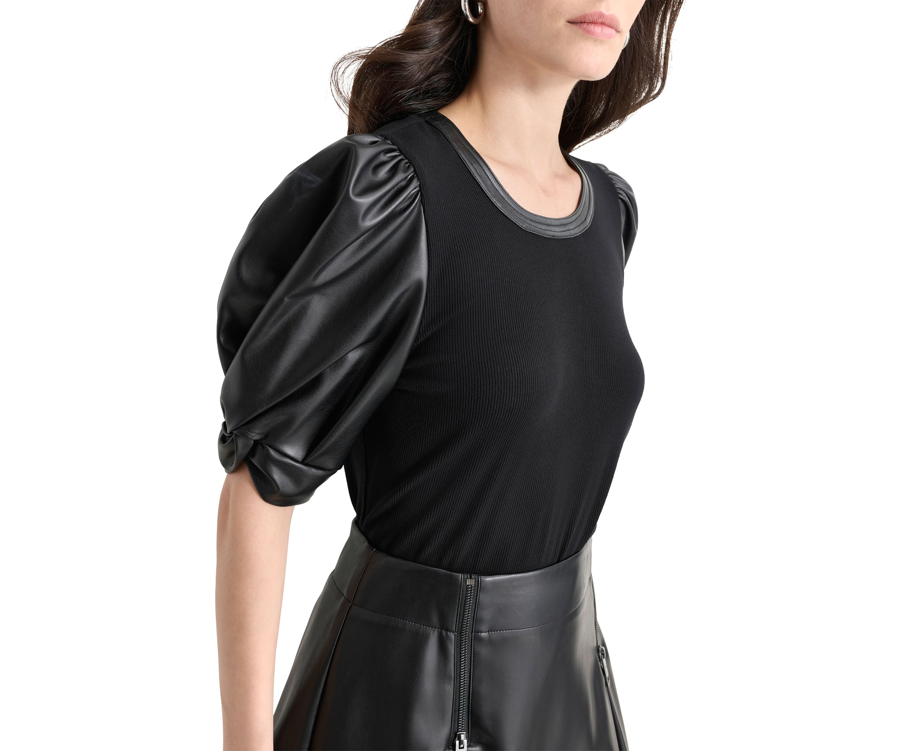 Womens Vegan Leather Sleeve Knit Top