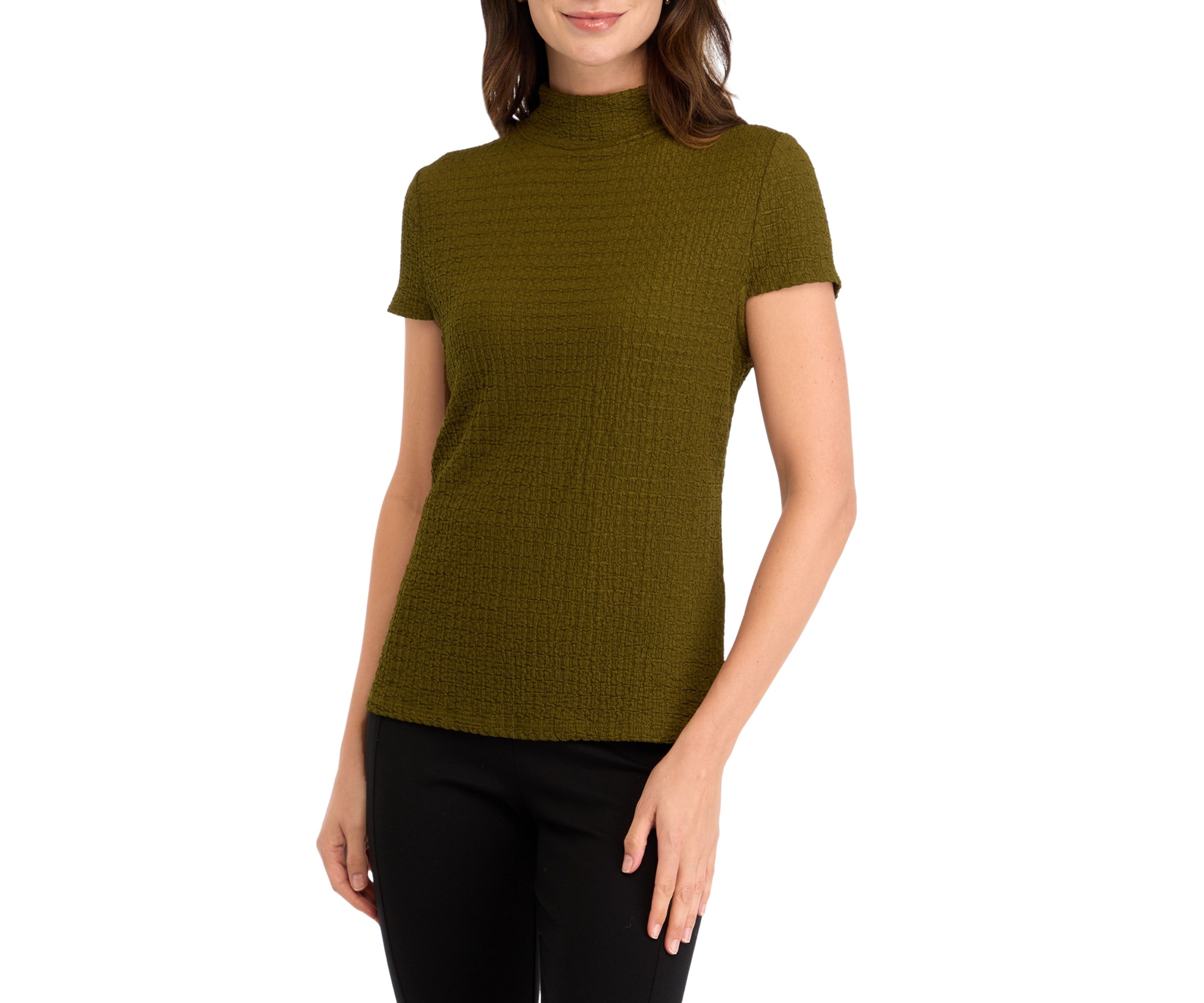 Womens Cap Sleeve Textured Mock Neck Top 