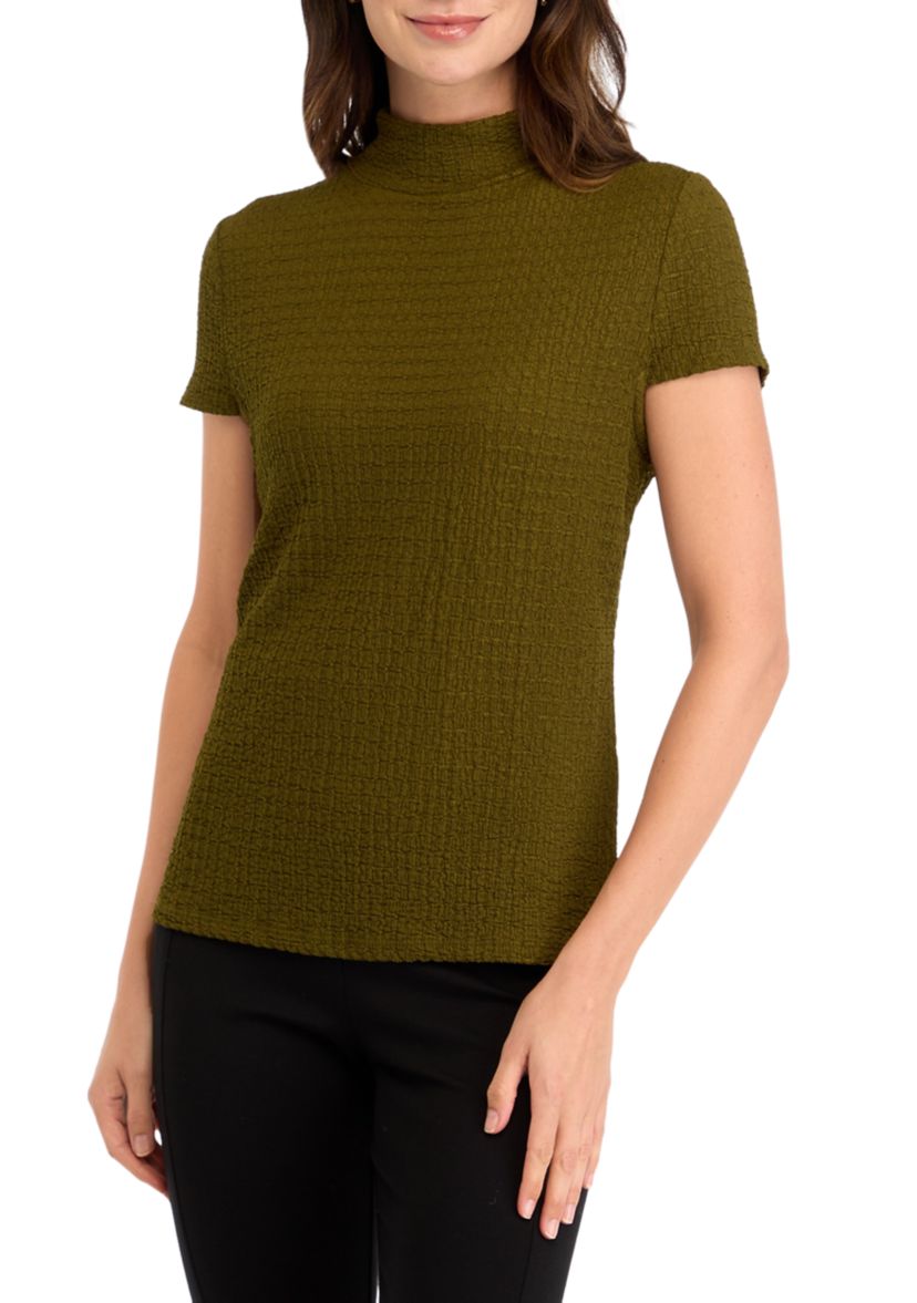 Womens Cap Sleeve Textured Mock Neck Top 